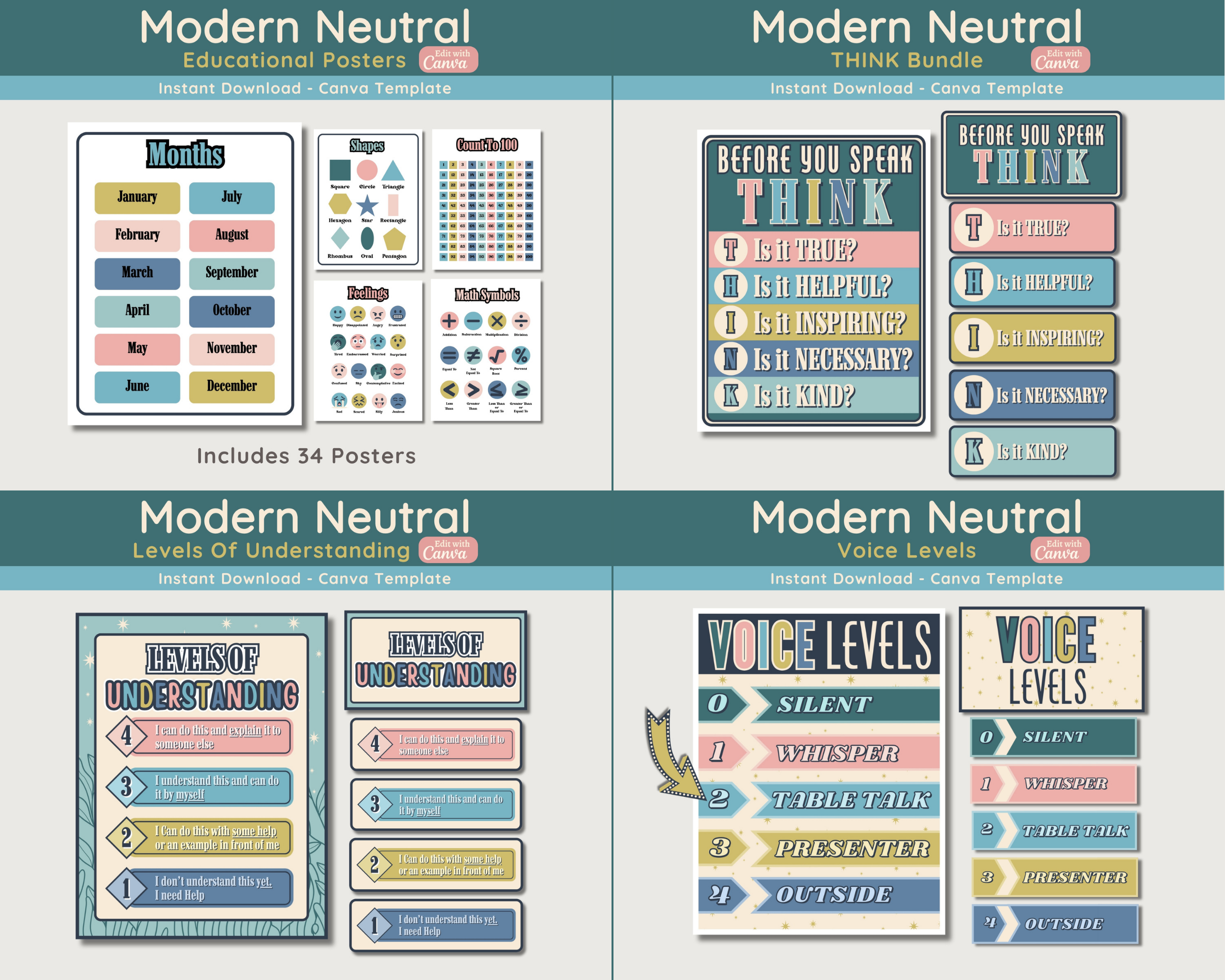 Neutral Simplistic Classroom Decor Bundle: Modern Printable Collection (Canva Template)