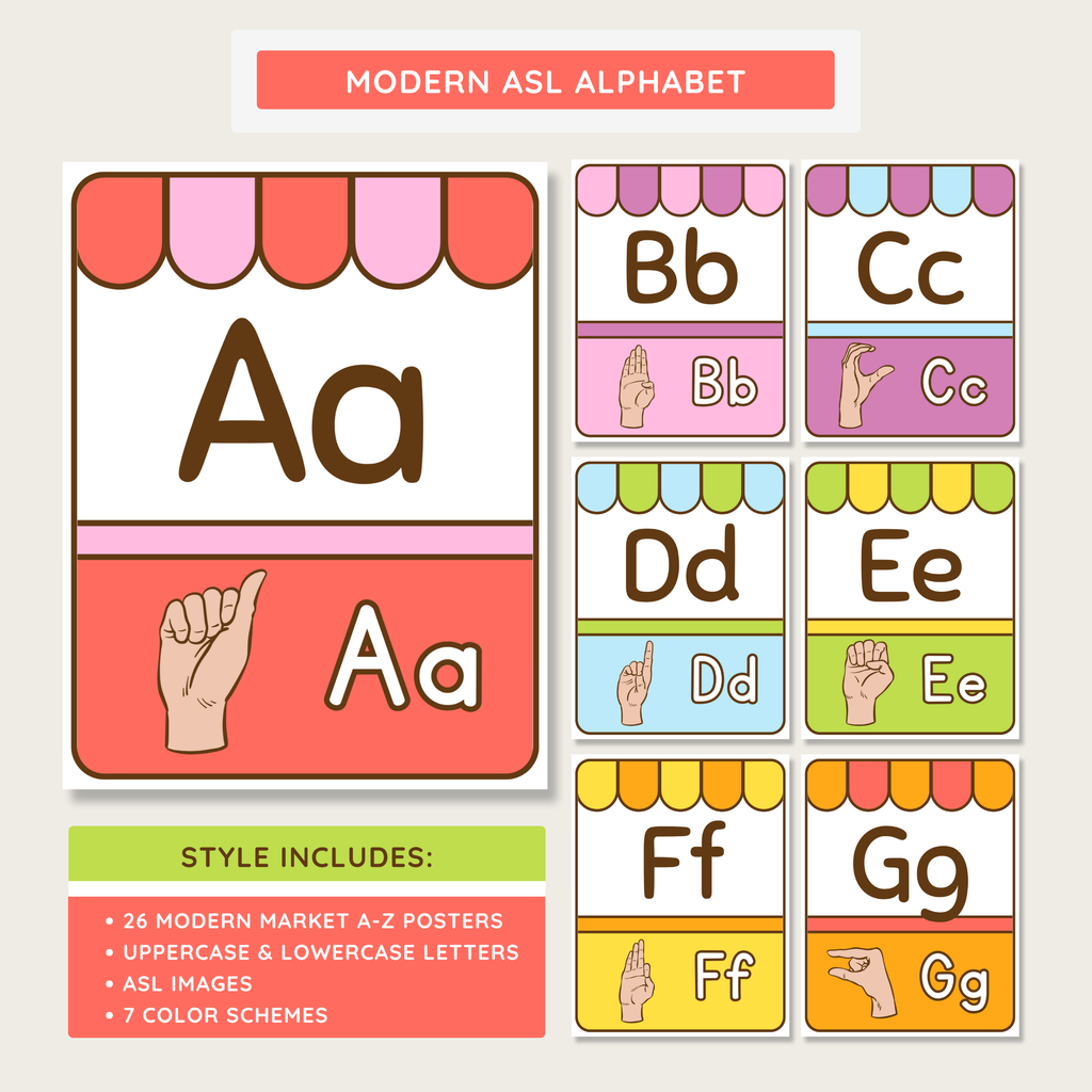 ASL Printable Alphabet Posters: A-Z Picture & Words Prints, Farmer's Market Theme, Editable Canva Template (Digital Download)