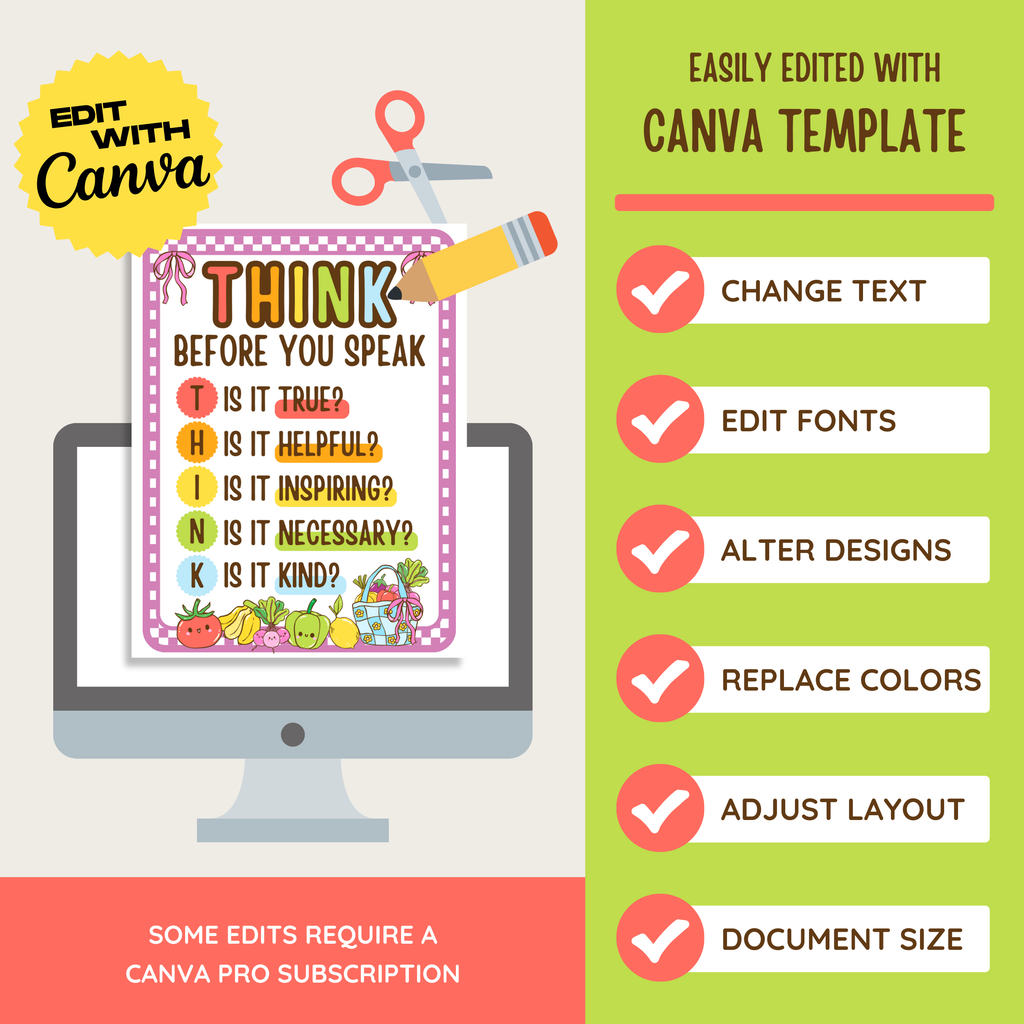Think Before You Speak Classroom Posters: Farmer's Market Decor Theme, Editable Canva Template (Digital Download)