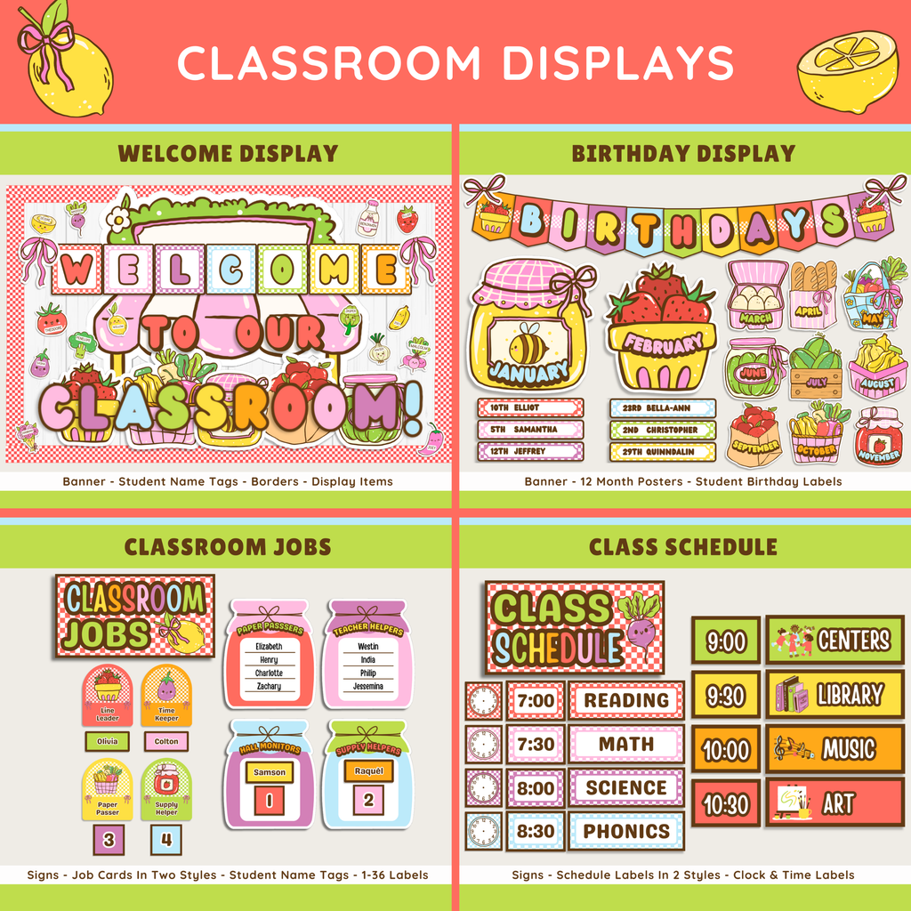 Editable Classroom Farmer's Market Printable Decor Bundle: School Display Kits, Canva Template (Digital Download), Fruit & Veggie Teacher Theme