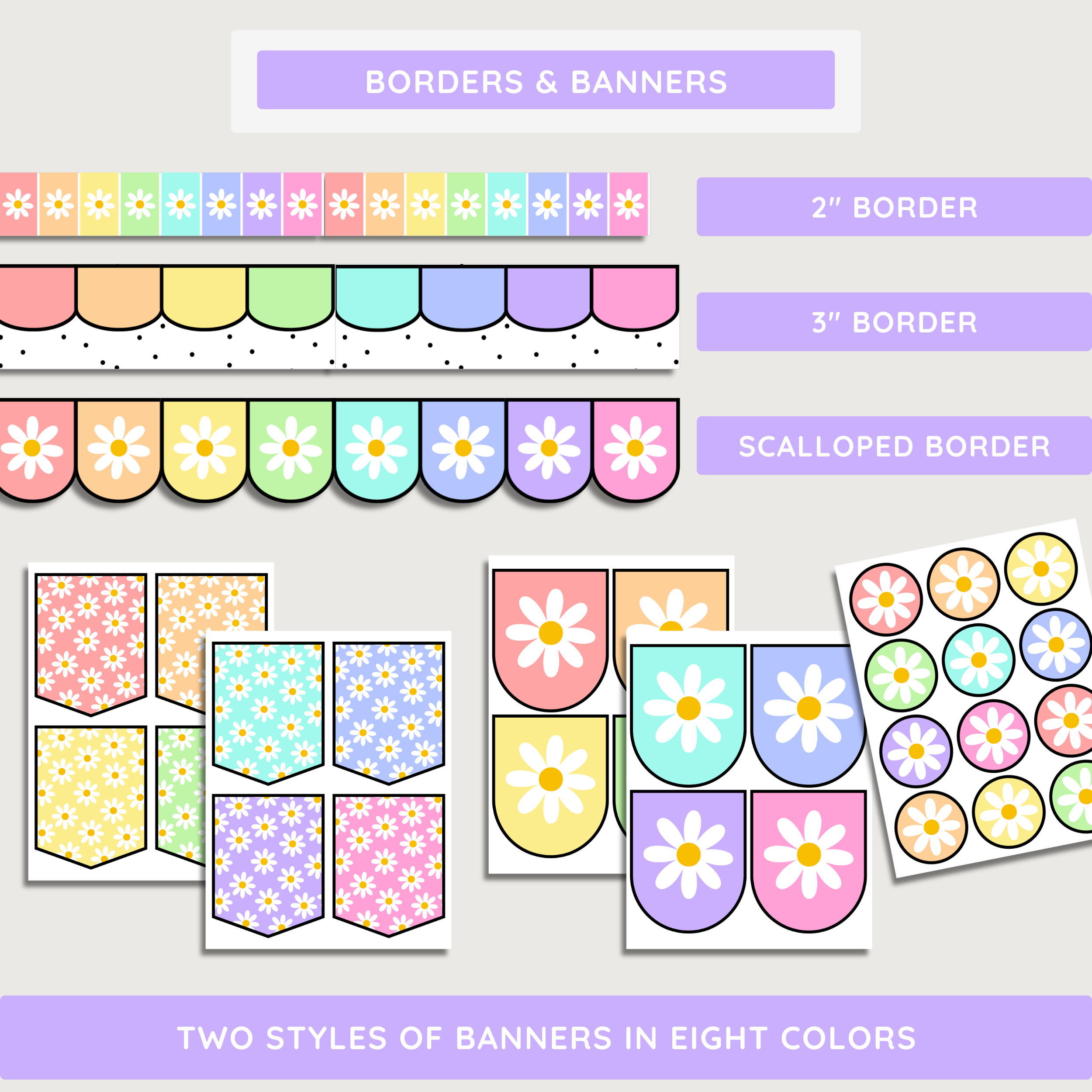 Blooming Daisy Pastel Summer Bulletin Board, Back To School Display Kit, Printable PDF, Canva Template