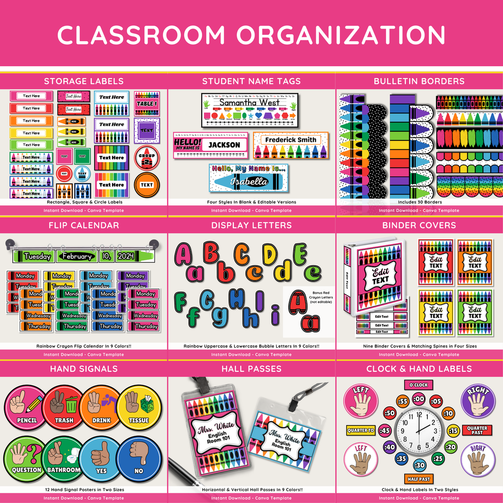 Rainbow Crayon Classroom Decor Bundle: Editable Teacher Templates (Canva, Instant Download), Bright Crayon Theme