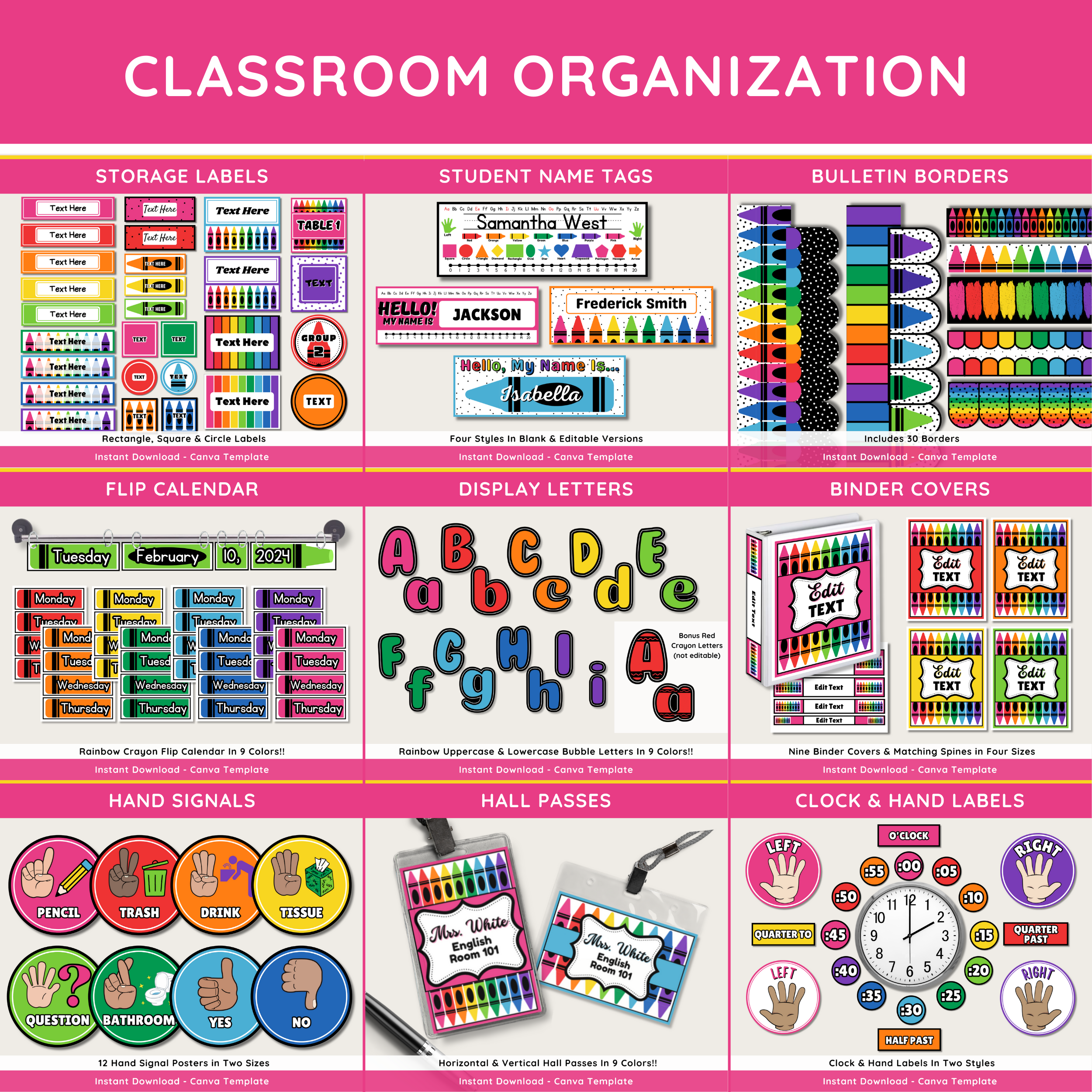 Rainbow Crayon Classroom Decor Bundle: Editable Teacher Templates (Canva, Instant Download), Bright Crayon Theme