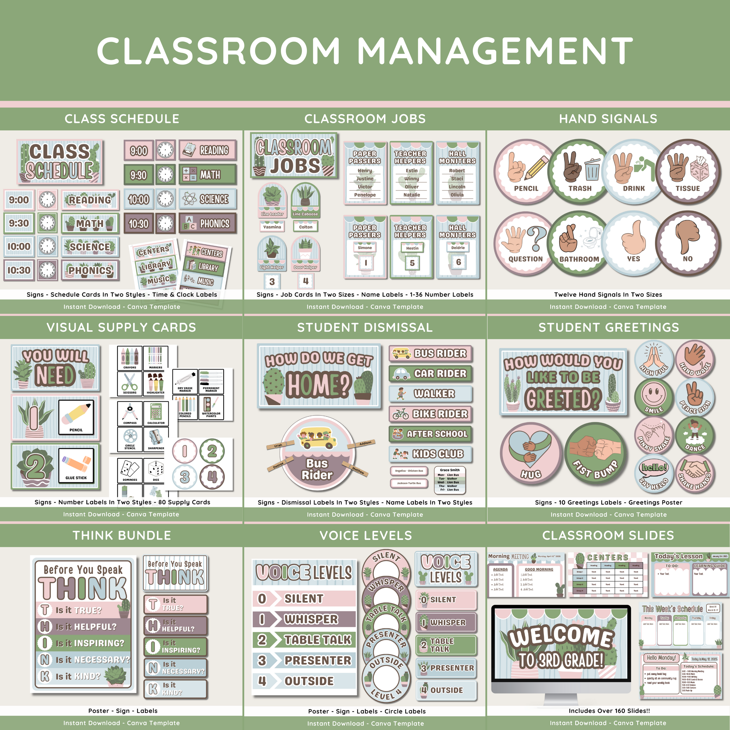 Cottage Succulents Classroom Decor Bundle: Calm Cactus Teacher Decor Theme, Editable Canva Template, Printable Digital Download