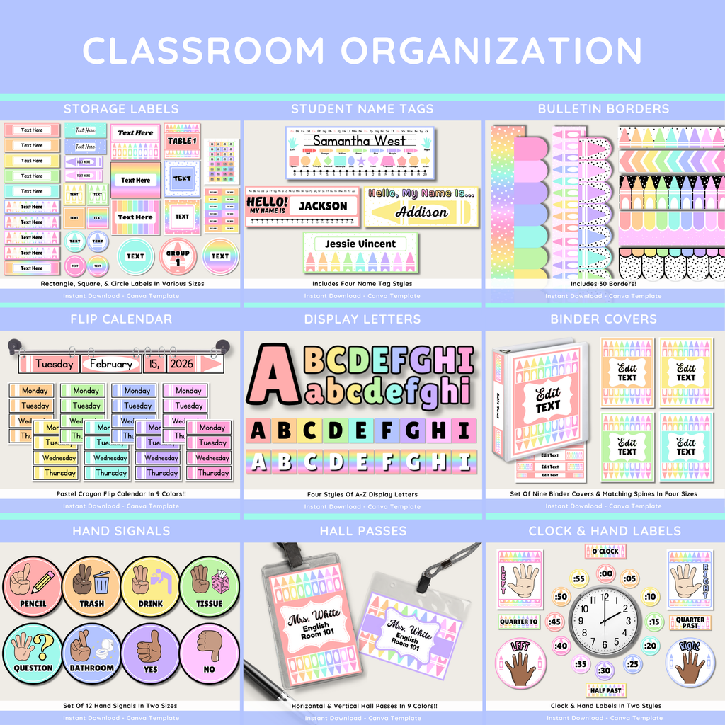 Pastel Rainbow Crayon Classroom Decor Kit: Editable Teacher Theme (Canva Template Digital Download), Printable Teacher Decor