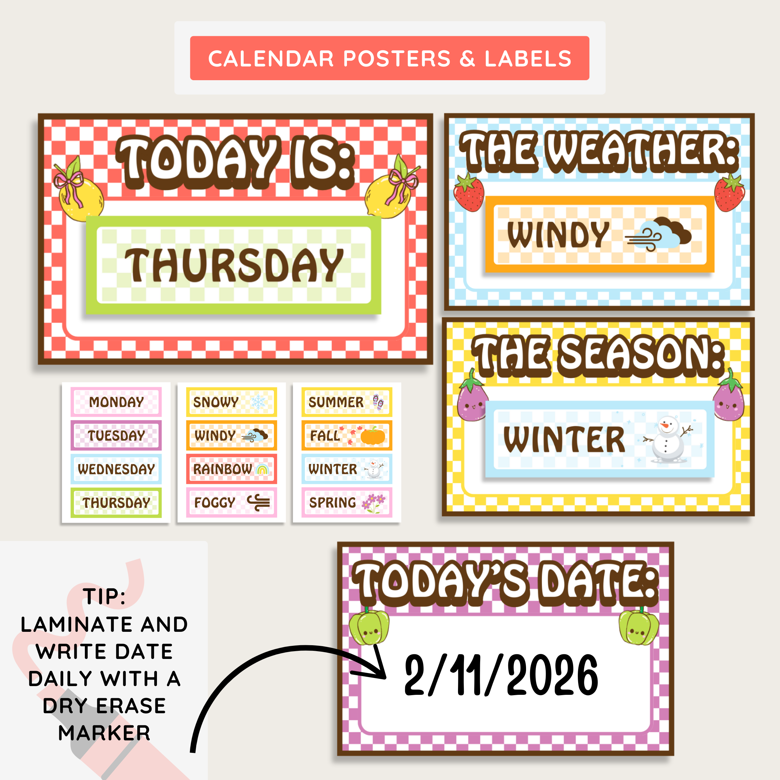 Elementary Printable Calendar Bulletin Board Bundle: Farmer's Market Classroom Decor Theme, Editable Canva Template