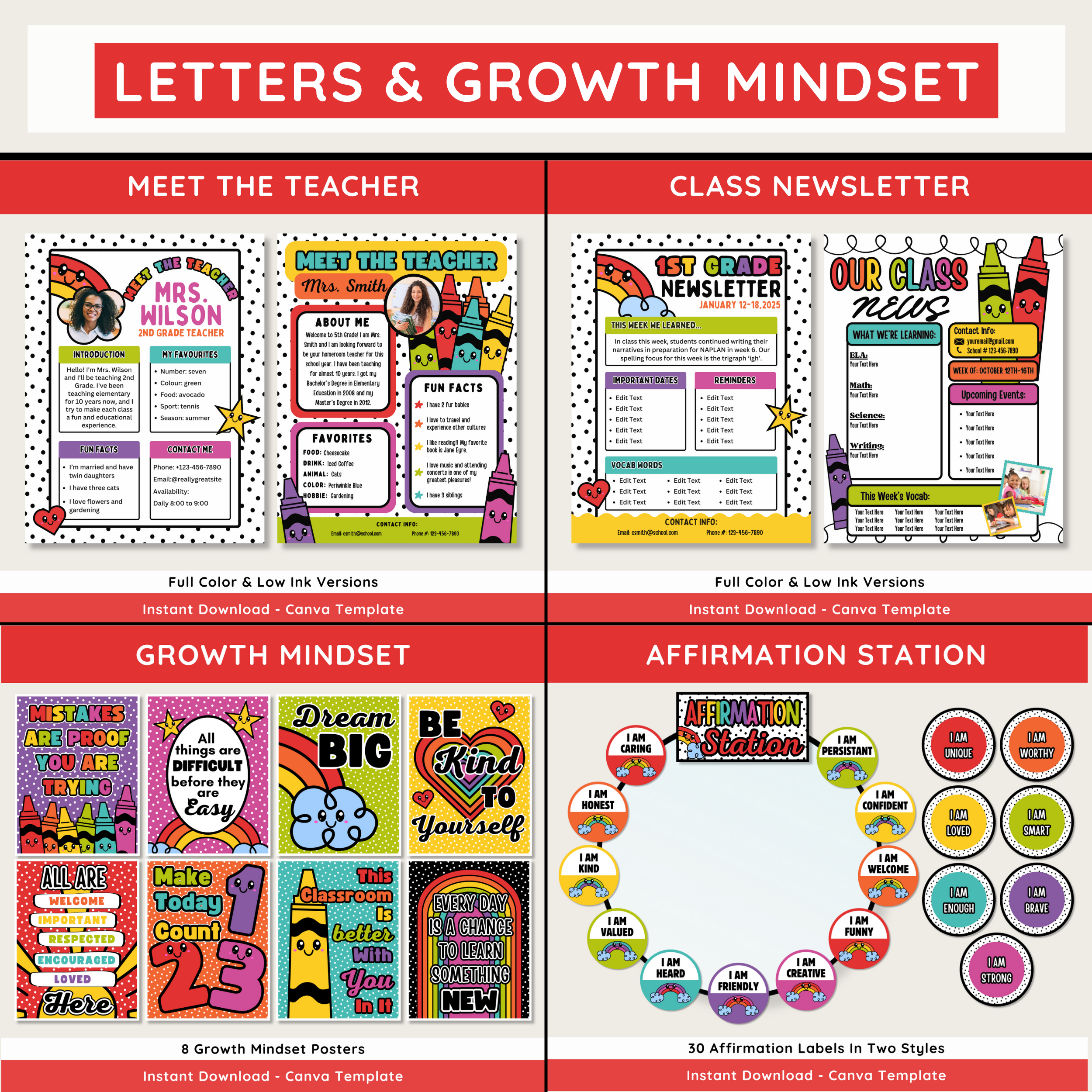 Bold Happy Rainbow Classroom Decor Bundle: Editable Printable Posters (Canva Template Digital Download), Happy Brights Teacher Decor Theme
