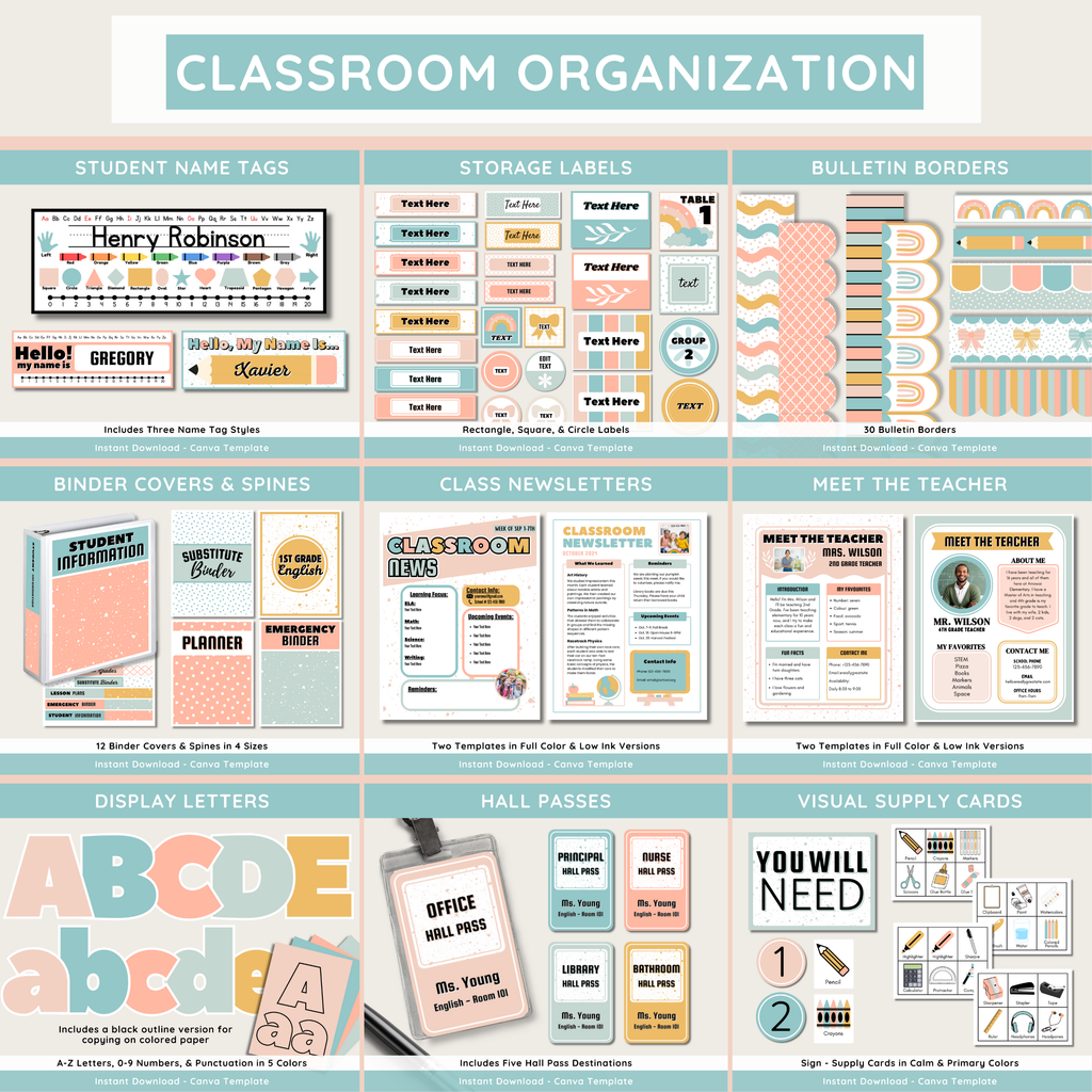 Calm Modern Classroom Decor Bundle: Simple Pastel Teacher Theme (Canva Template)