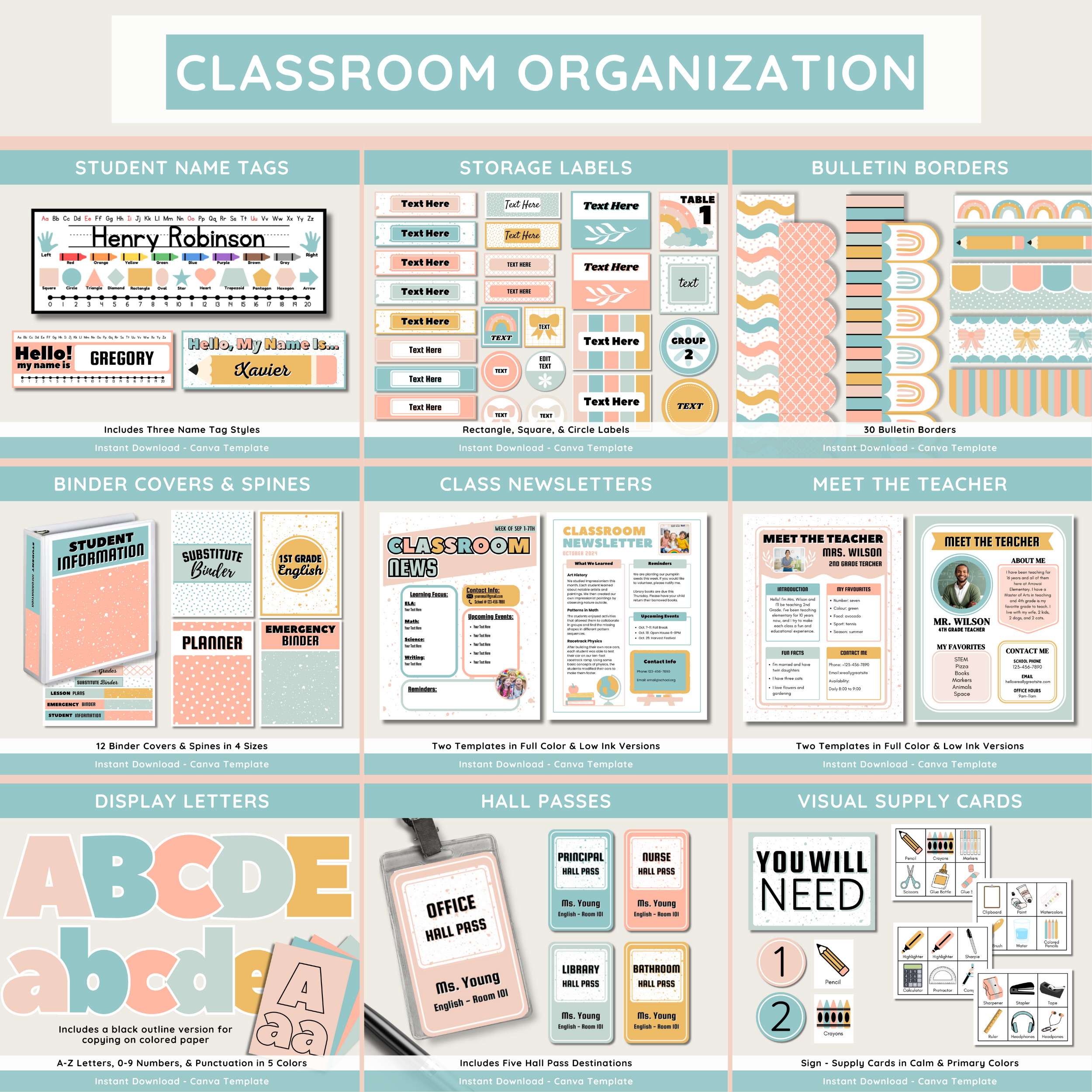 Calm Modern Classroom Decor Bundle: Simple Pastel Teacher Theme (Canva Template)