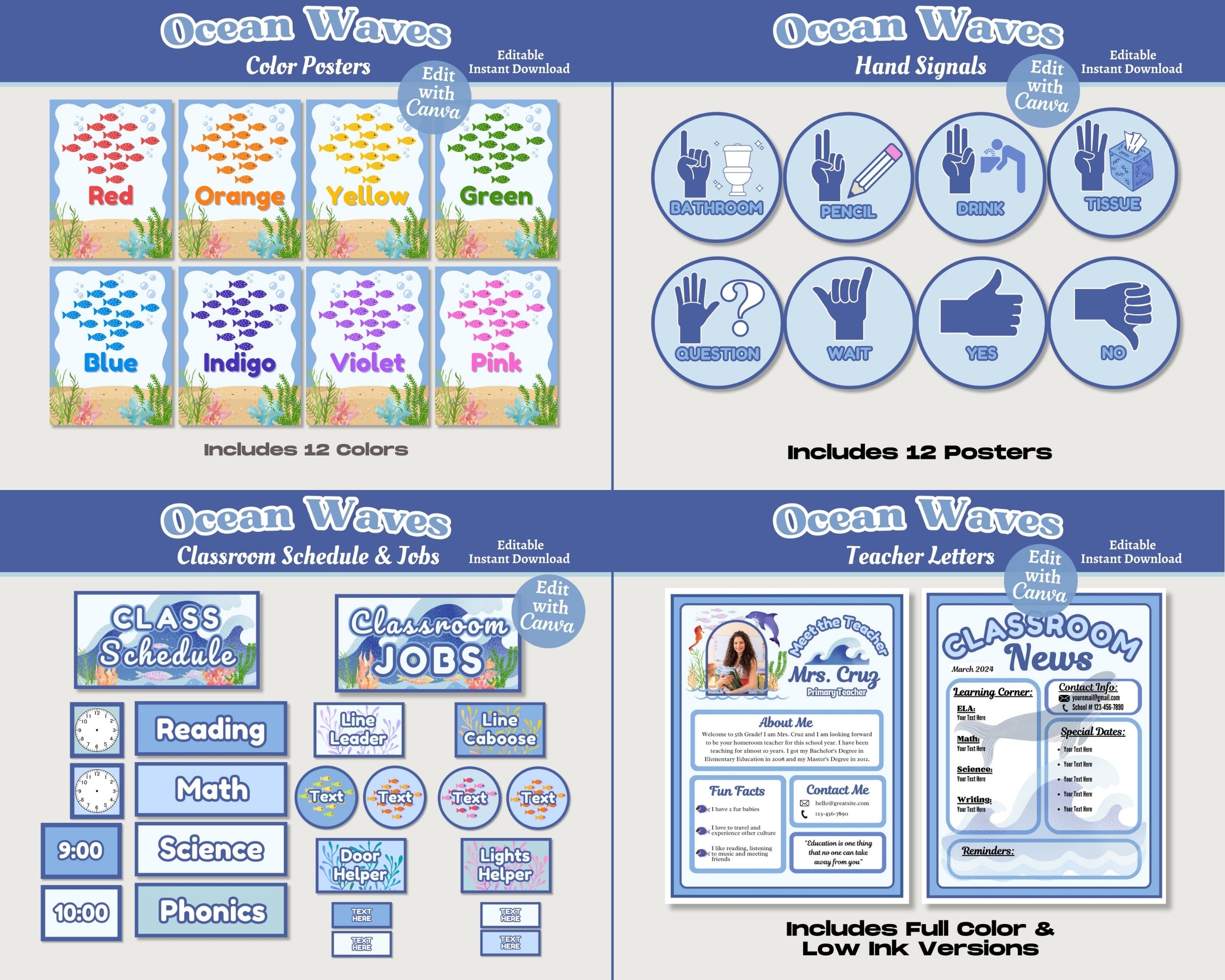 Ocean Theme Classroom Decor Bundle: Editable & Printable Educational Materials (Canva Template, Instant Download)