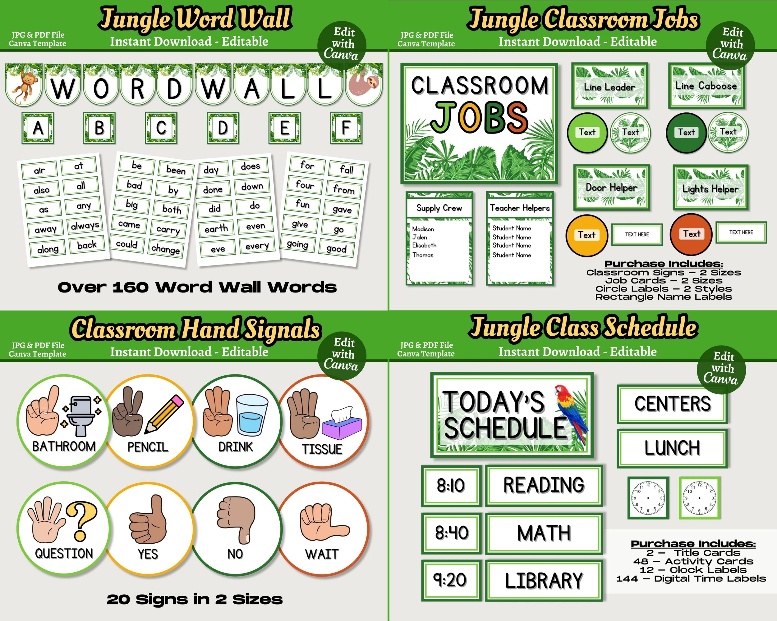 Jungle Animals Classroom Decor Bundle Theme: Printable Editable Canva Templates, Digital Download