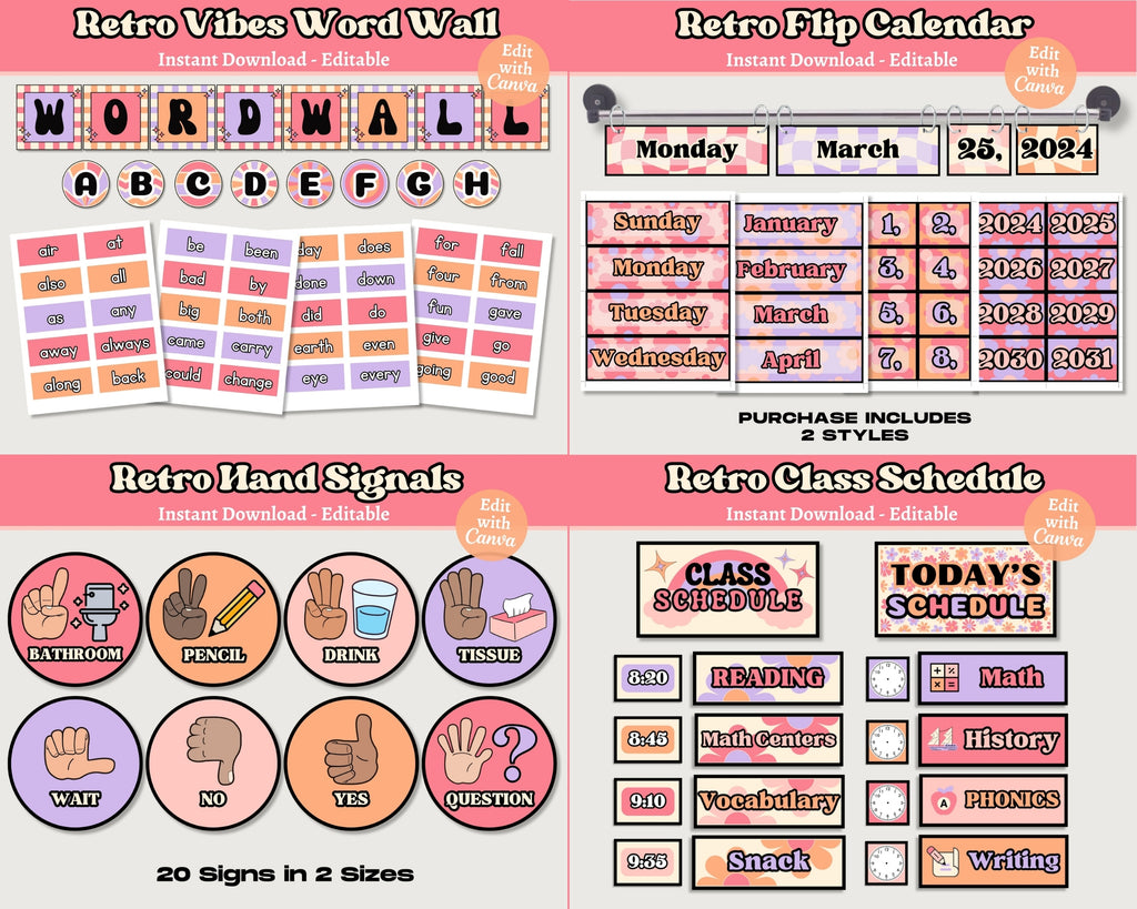 Retro Vibes Classroom Decor Bundle: Editable Teacher Templates (Canva), Pink Purple Orange Classroom Theme