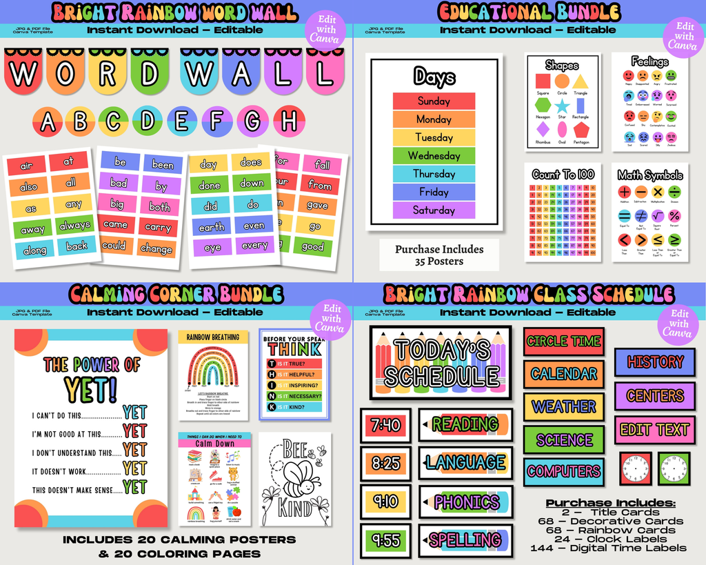 Bright Rainbow Classroom Decor Bundle: Editable Teacher Printables, School Supplies Decor Theme, Printable School Decorations, Canva Template