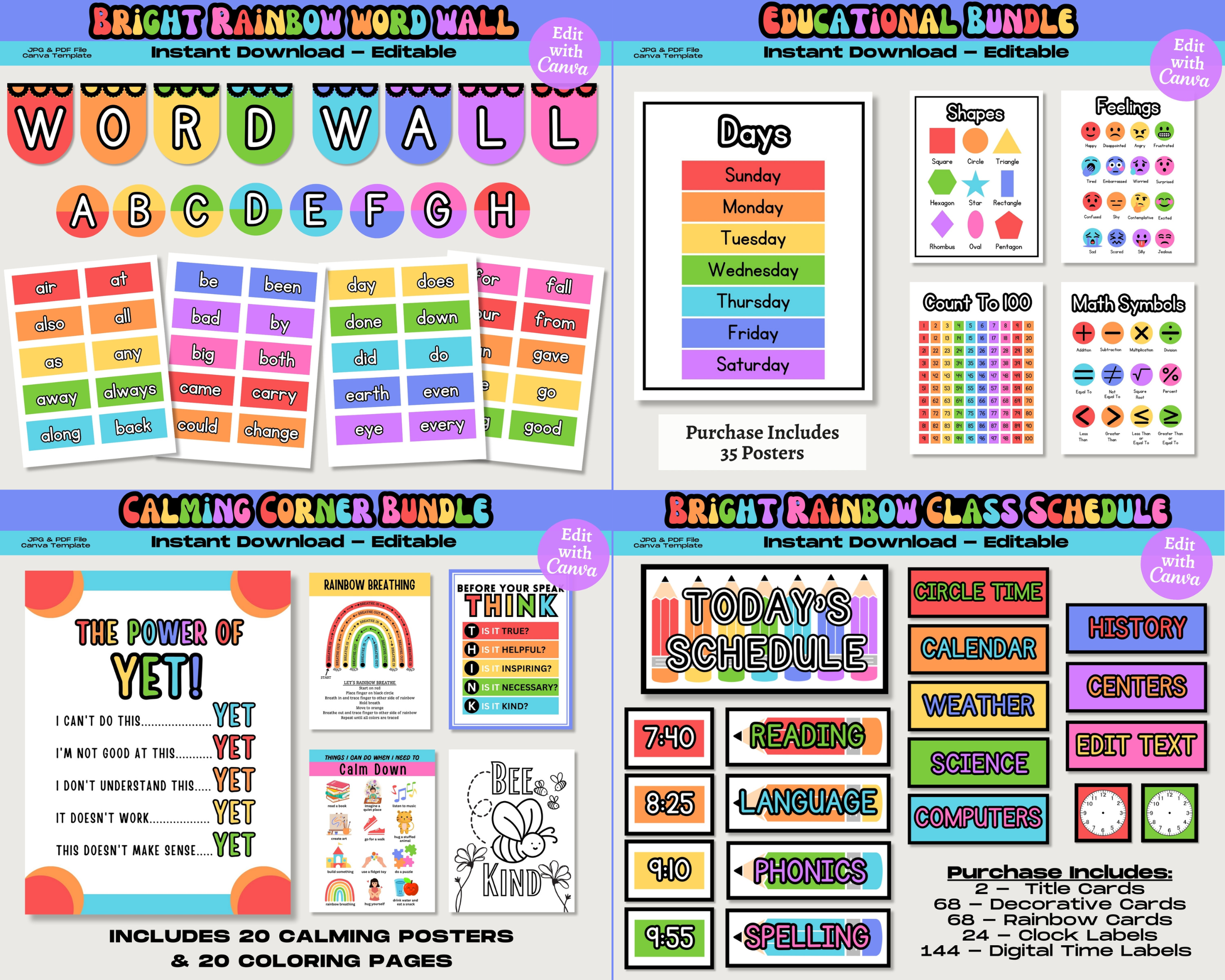 Bright Rainbow Classroom Decor Bundle: Editable Teacher Printables, School Supplies Decor Theme, Printable School Decorations, Canva Template