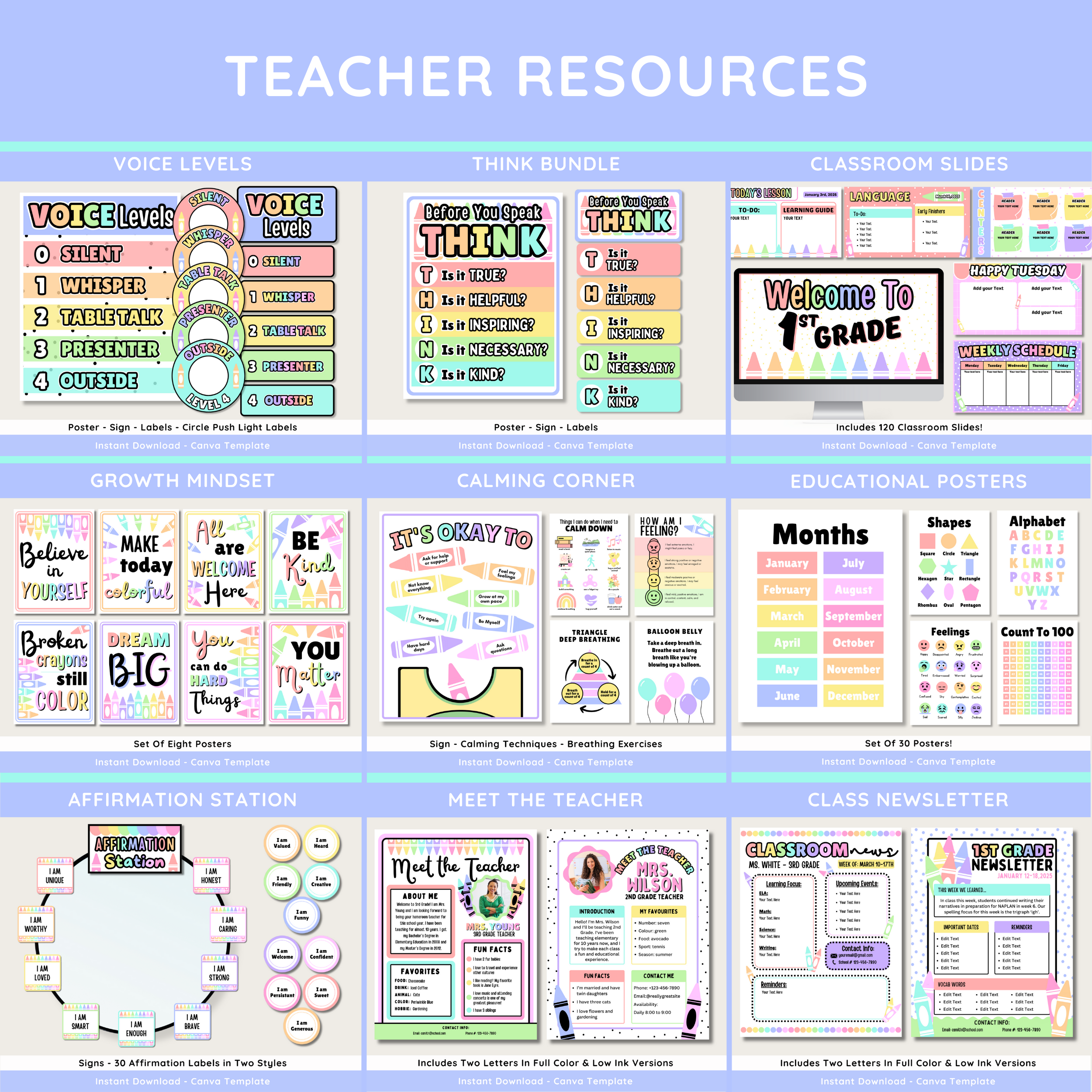 Pastel Rainbow Crayon Classroom Decor Kit: Editable Teacher Theme (Canva Template Digital Download), Printable Teacher Decor