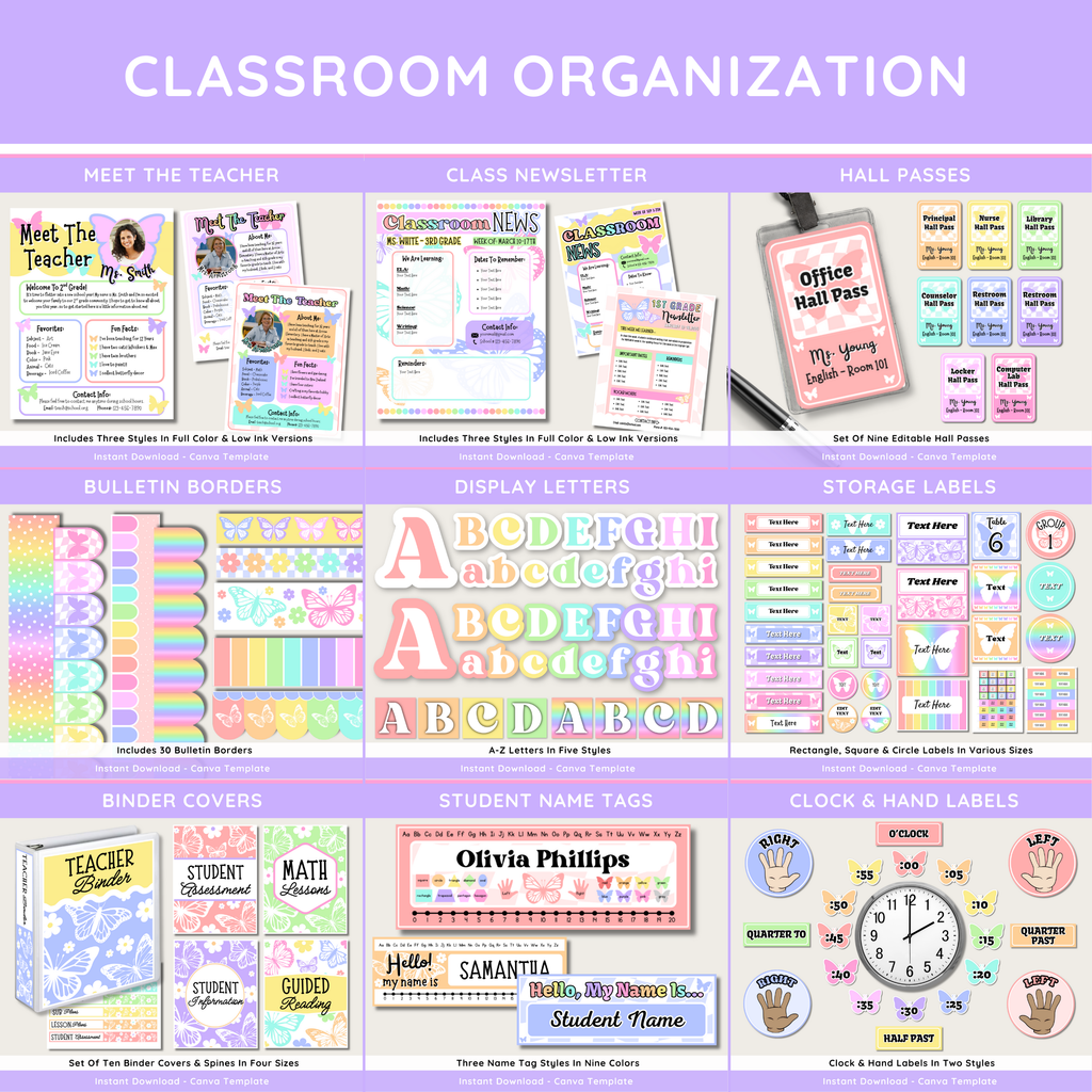 Butterfly Classroom Decor Bundle: Pastel Floral Butterfly Theme, Editable Canva Template, Printable Digital Download