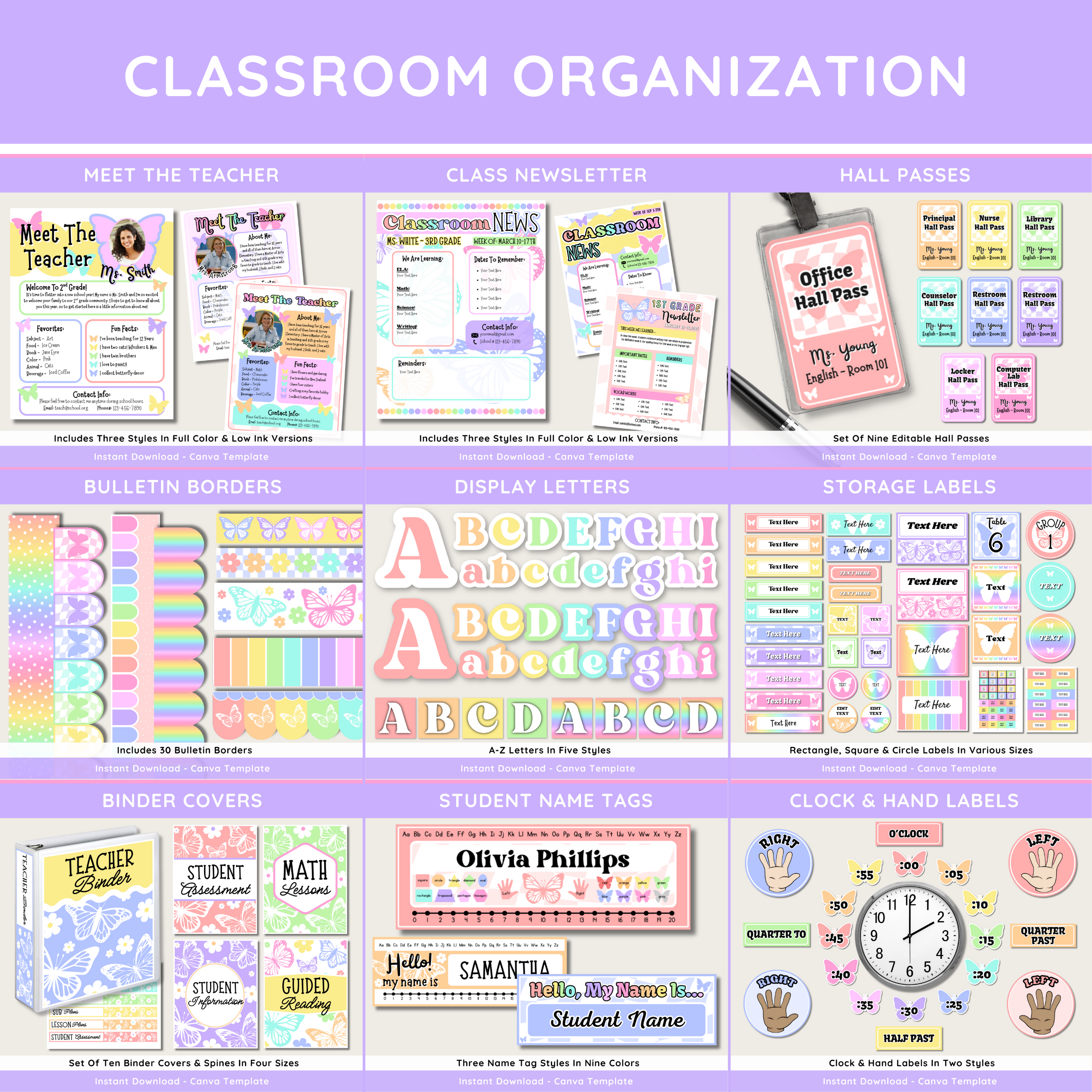 Butterfly Classroom Decor Bundle: Pastel Floral Butterfly Theme, Editable Canva Template, Printable Digital Download