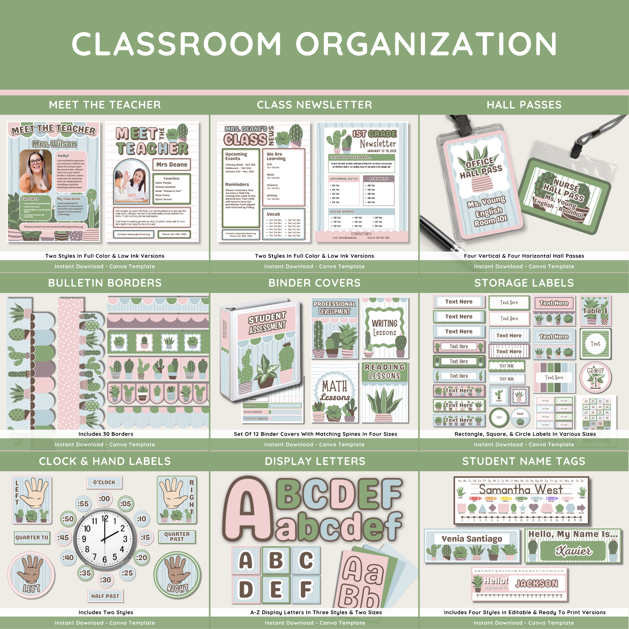 Cottage Succulents Classroom Decor Bundle: Calm Cactus Teacher Decor Theme, Editable Canva Template, Printable Digital Download
