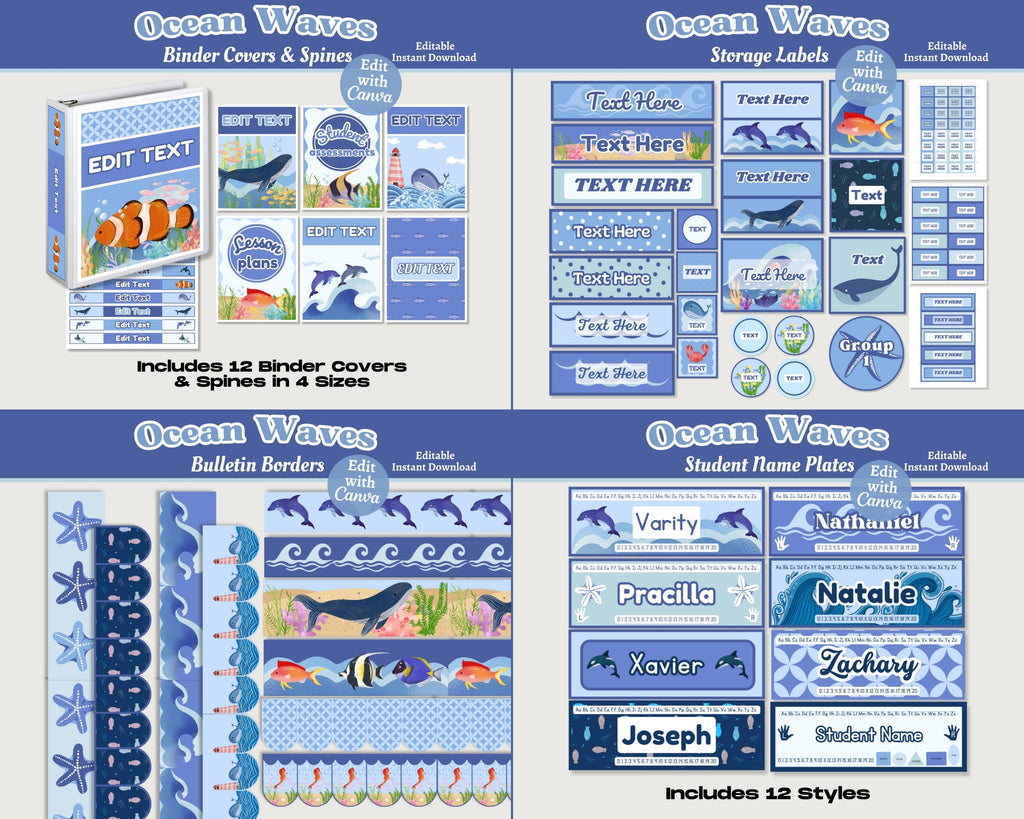 Ocean Theme Classroom Decor Bundle: Editable & Printable Educational Materials (Canva Template, Instant Download)
