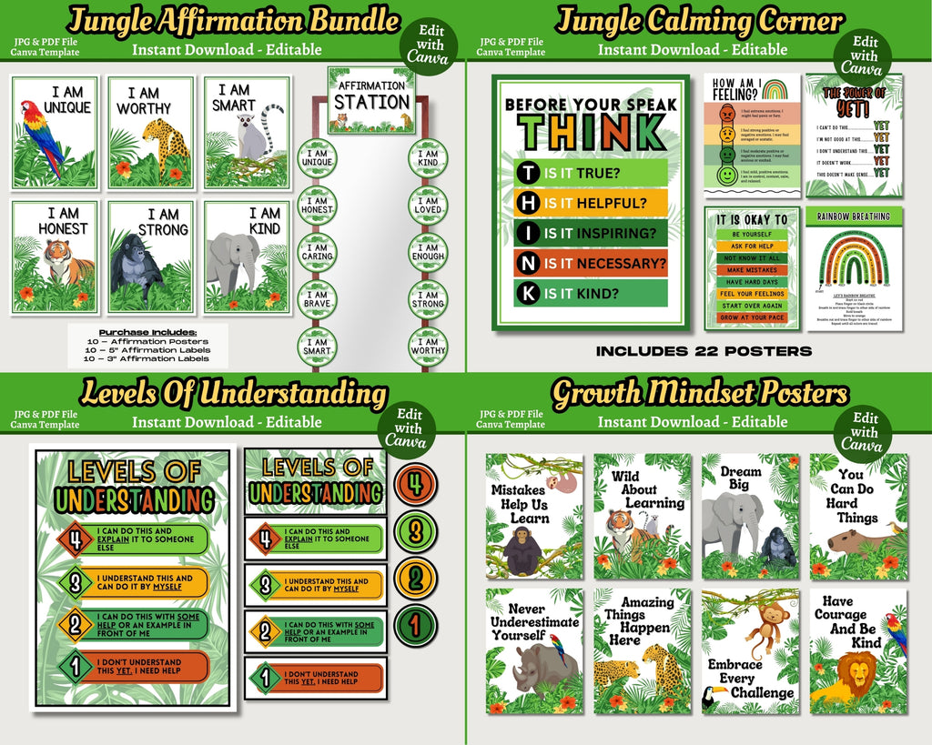 Jungle Animals Classroom Decor Bundle Theme: Printable Editable Canva Templates, Digital Download
