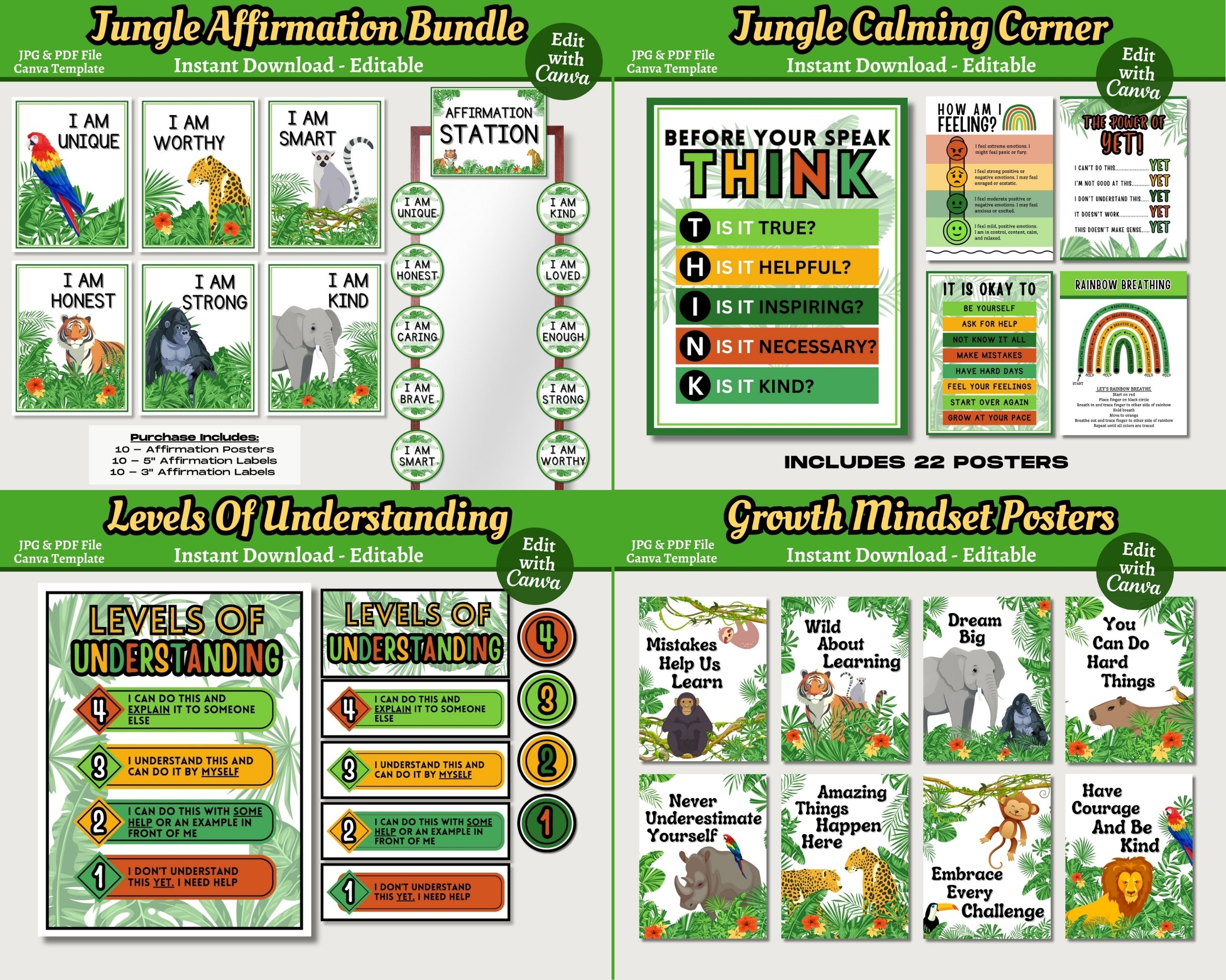 Jungle Animals Classroom Decor Bundle Theme: Printable Editable Canva Templates, Digital Download