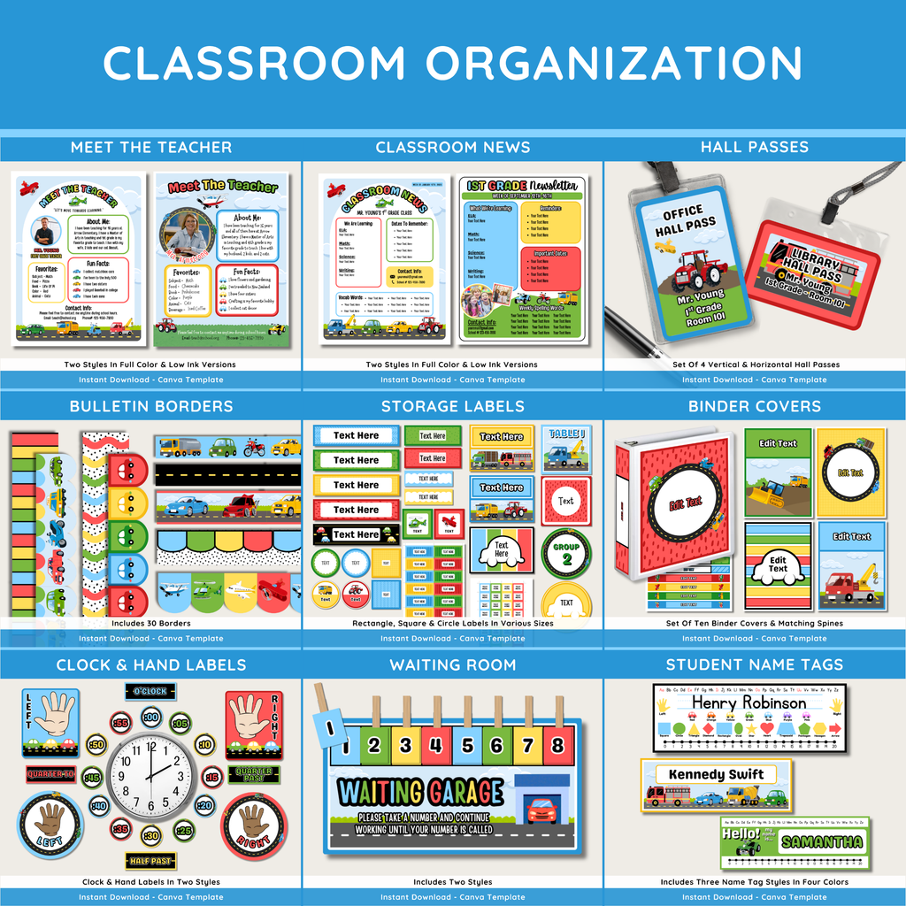 Transportation Classroom Decor Bundle: Vehicles Things That Go Display Theme, Editable Canva Template, Printable Digital Download