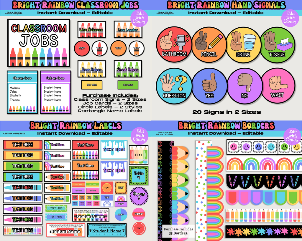 Bright Rainbow Classroom Decor Bundle: Editable Teacher Printables, School Supplies Decor Theme, Printable School Decorations, Canva Template