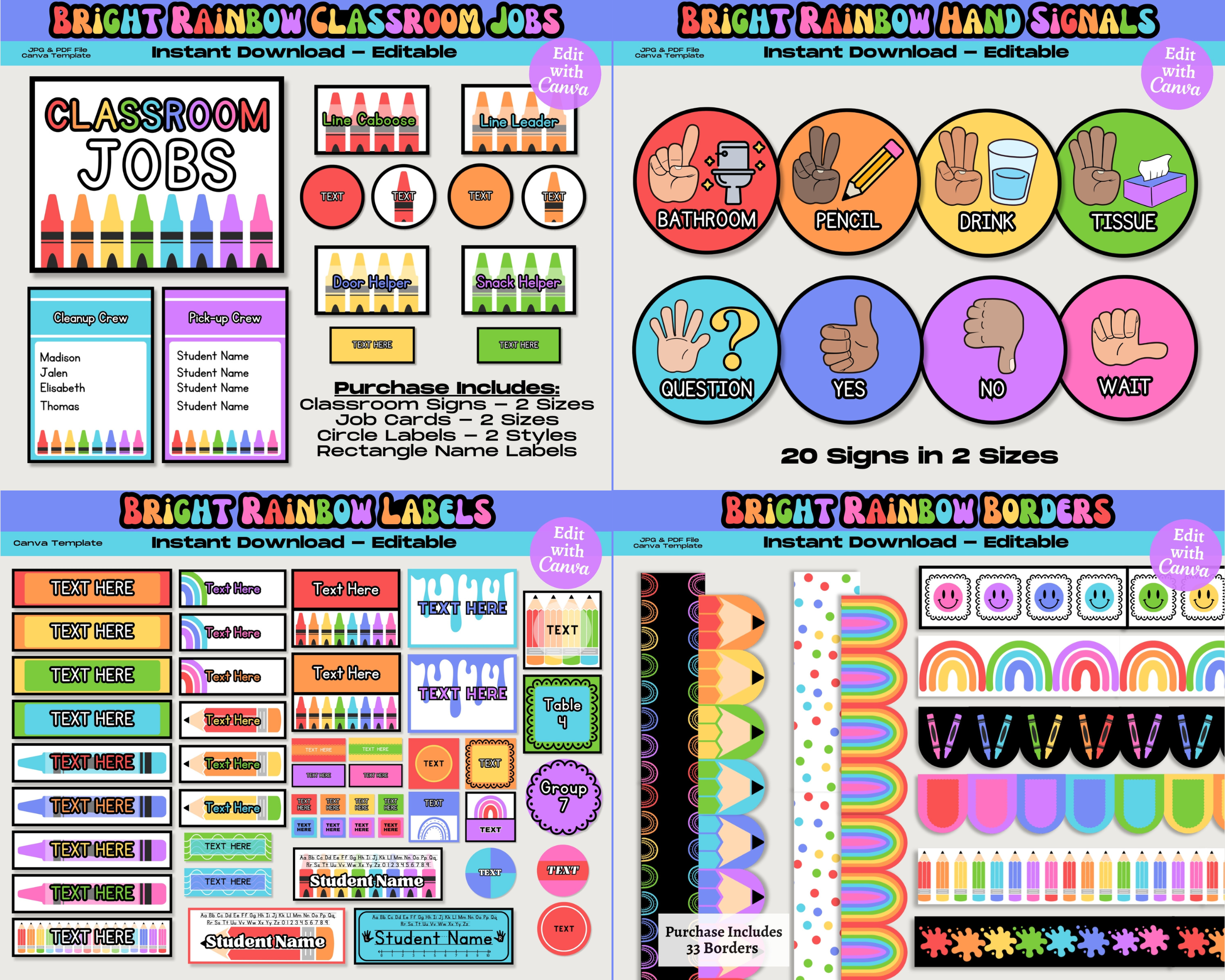 Bright Rainbow Classroom Decor Bundle: Editable Teacher Printables, School Supplies Decor Theme, Printable School Decorations, Canva Template