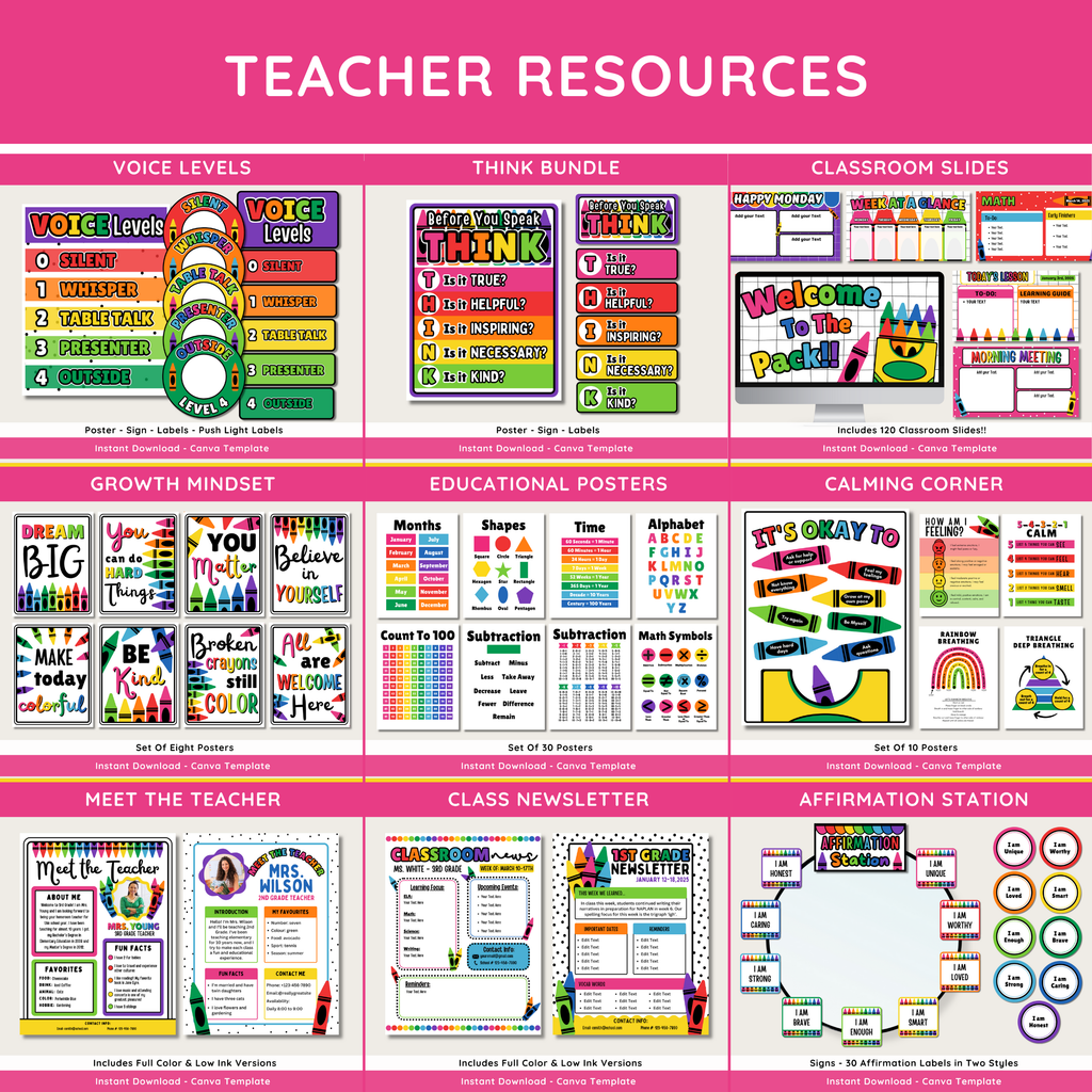 Rainbow Crayon Classroom Decor Bundle: Editable Teacher Templates (Canva, Instant Download), Bright Crayon Theme