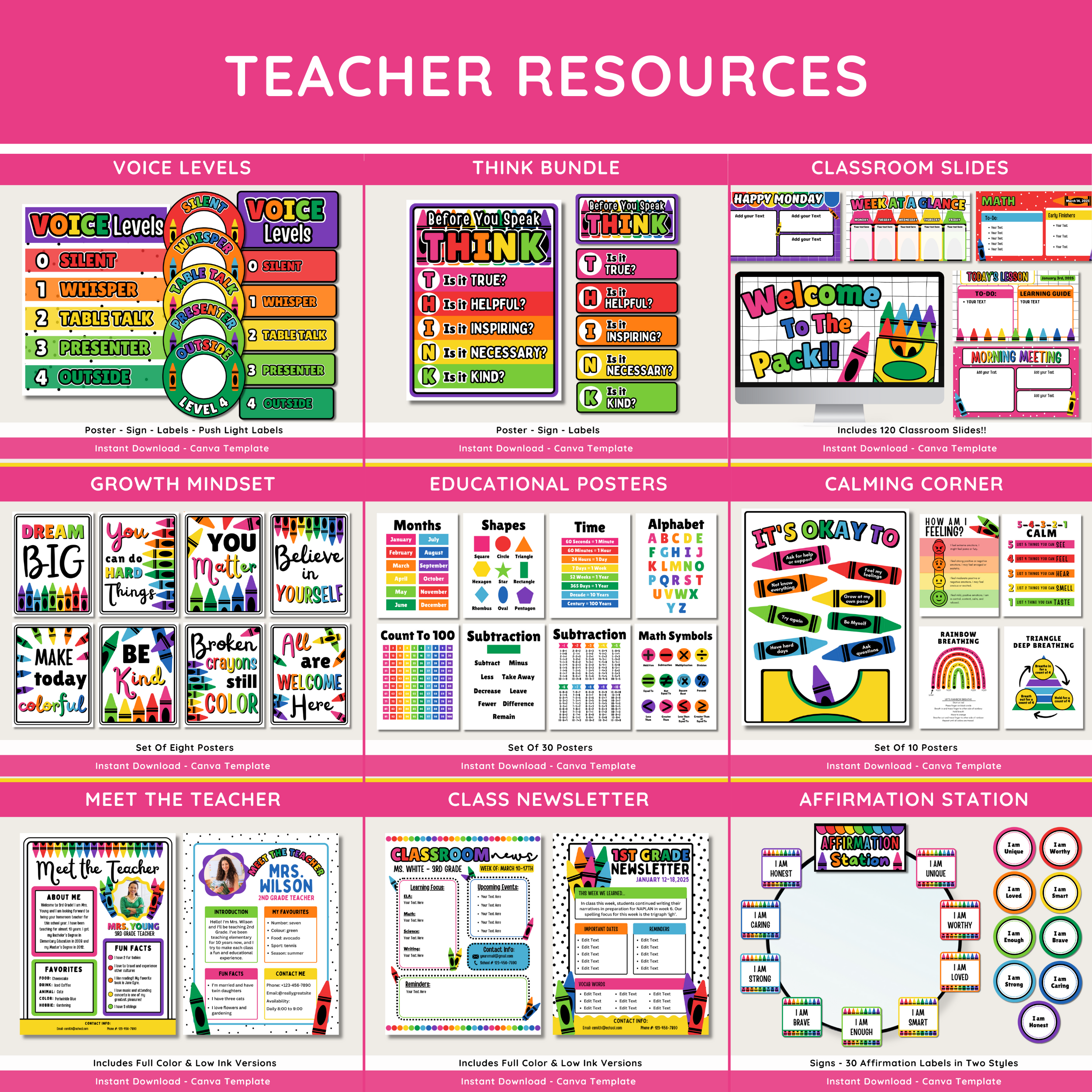 Rainbow Crayon Classroom Decor Bundle: Editable Teacher Templates (Canva, Instant Download), Bright Crayon Theme
