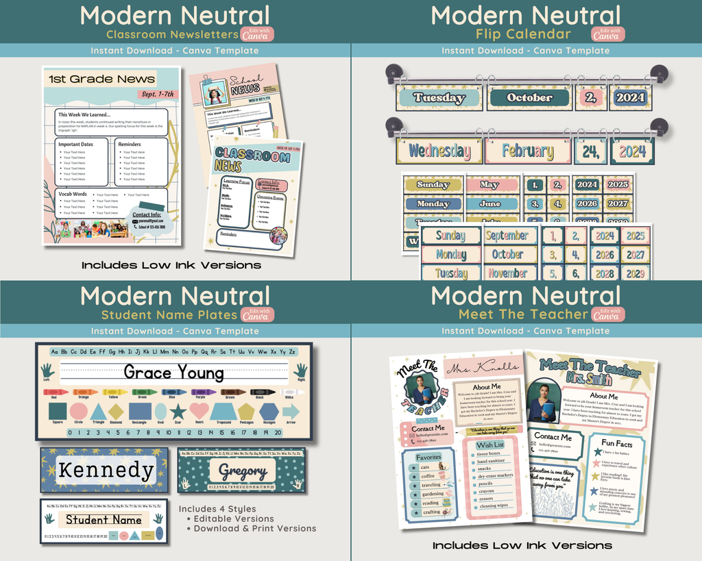 Neutral Simplistic Classroom Decor Bundle: Modern Printable Collection (Canva Template)