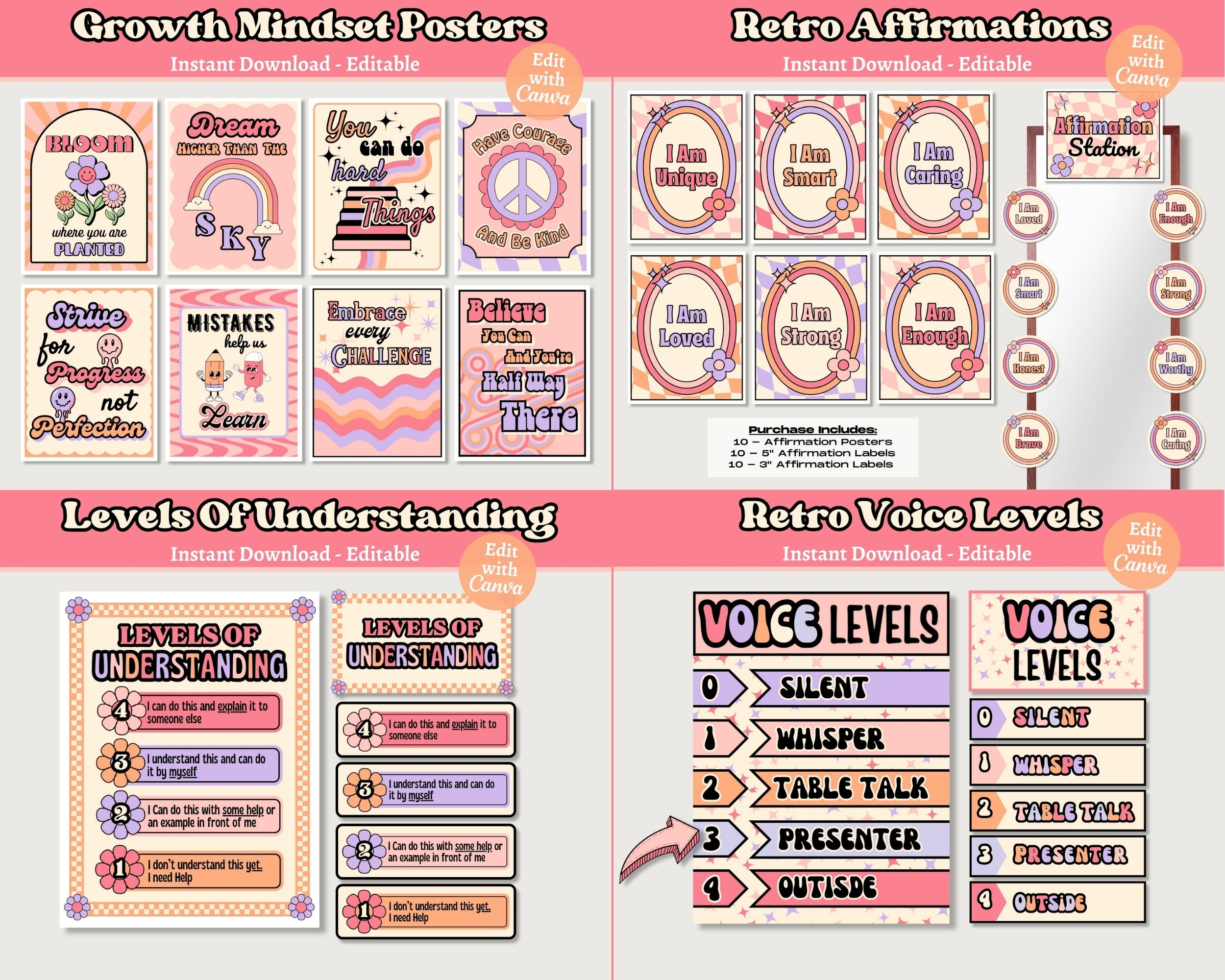 Retro Vibes Classroom Decor Bundle: Editable Teacher Templates (Canva), Pink Purple Orange Classroom Theme