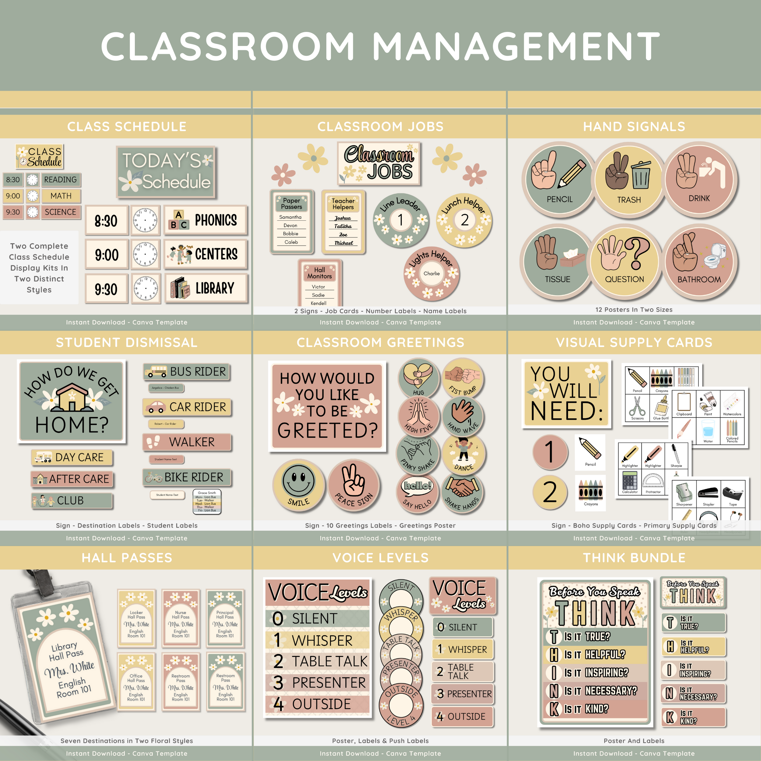 Calm Daisy Classroom Decor Bundle, Classroom Management and Organization Resources, Bulletin Board Display Kit, Neutral Daisy Flower Classroom Theme