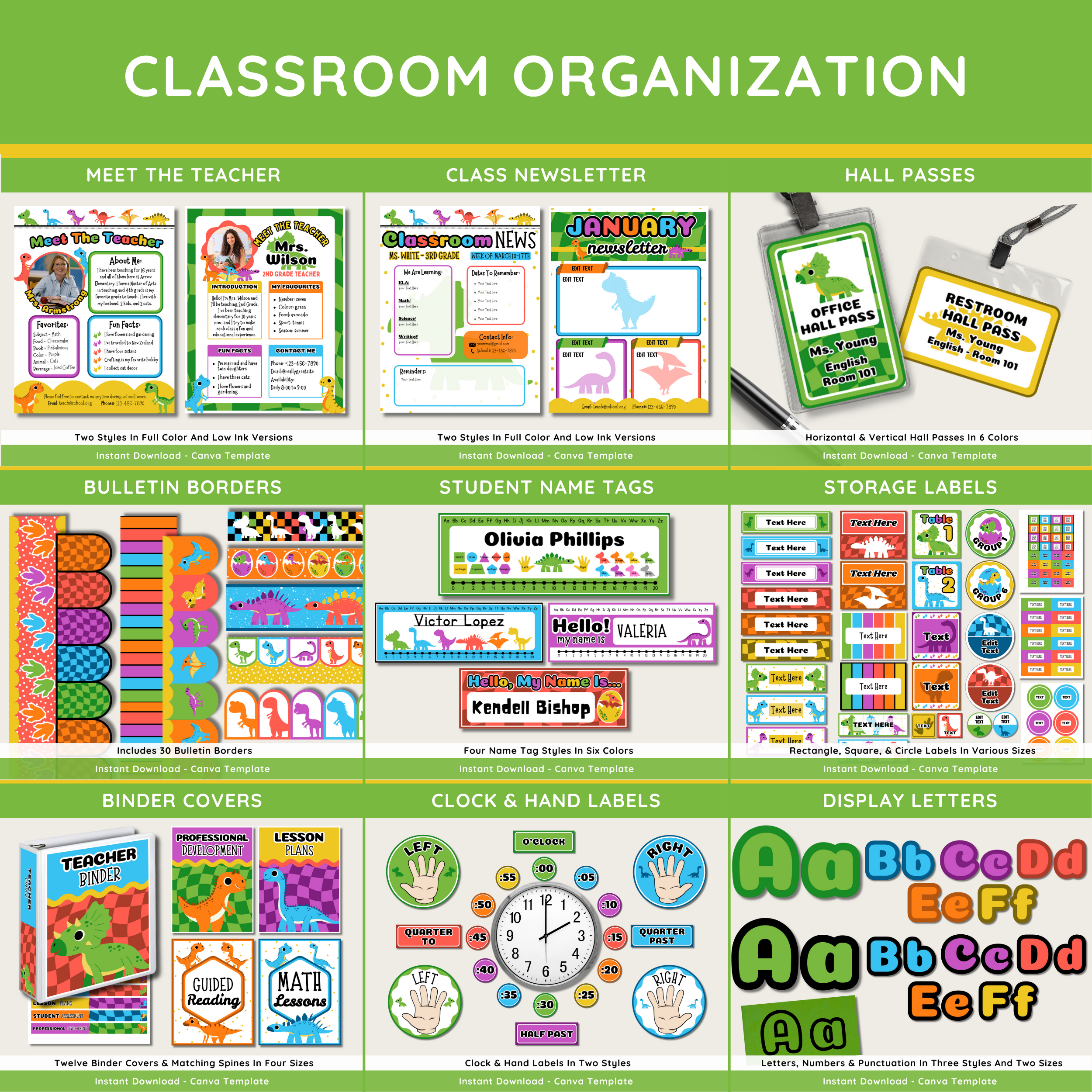 Dinosaur Classroom Decor Set: Editable Teacher Organization (Canva Template Digital Download), Bright Bold Dino Theme