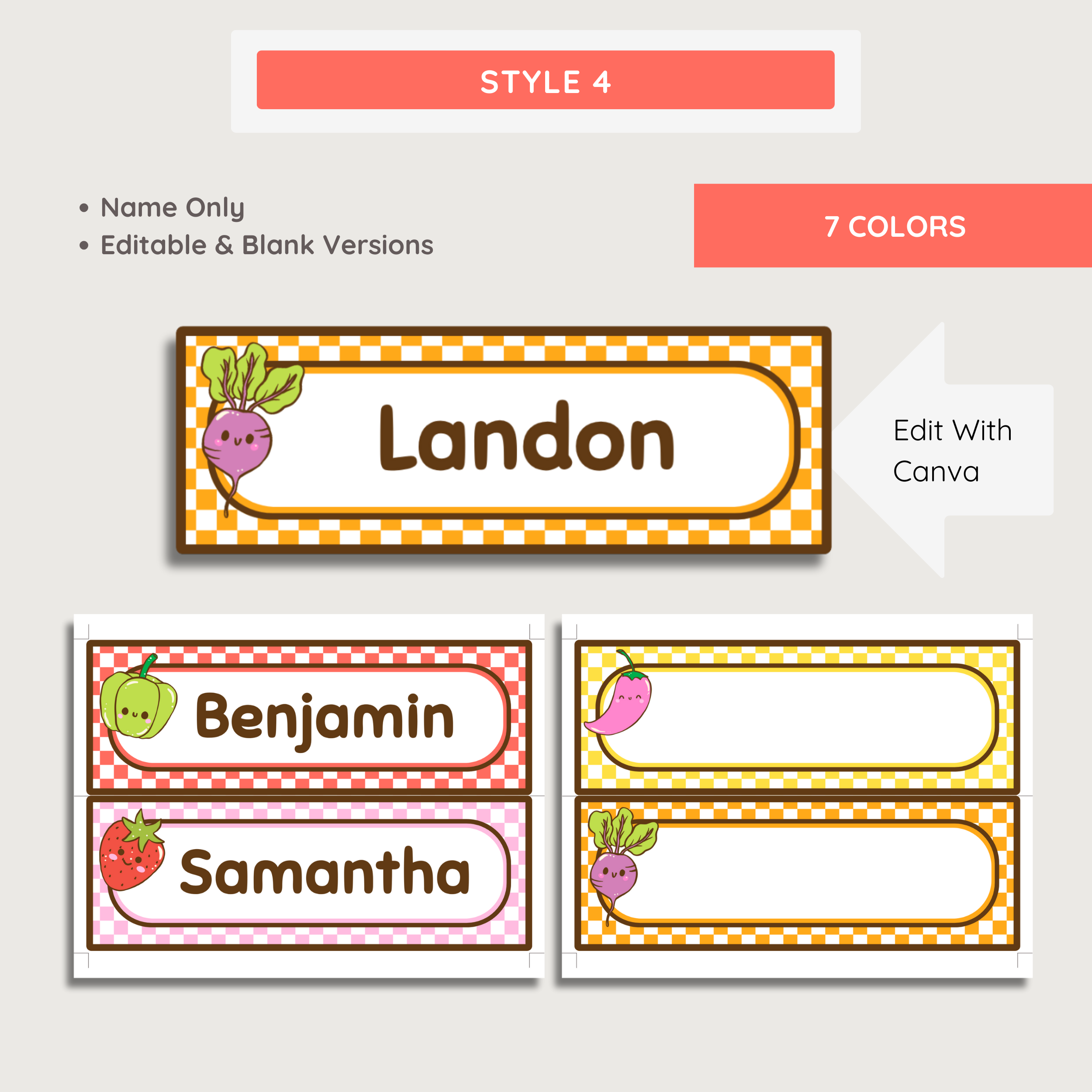 Printable Student Name Desk Tag Plates: Elementary Kids Desk Labels, Farmer's Market Classroom Decor Theme, Editable Template (Digital Download)