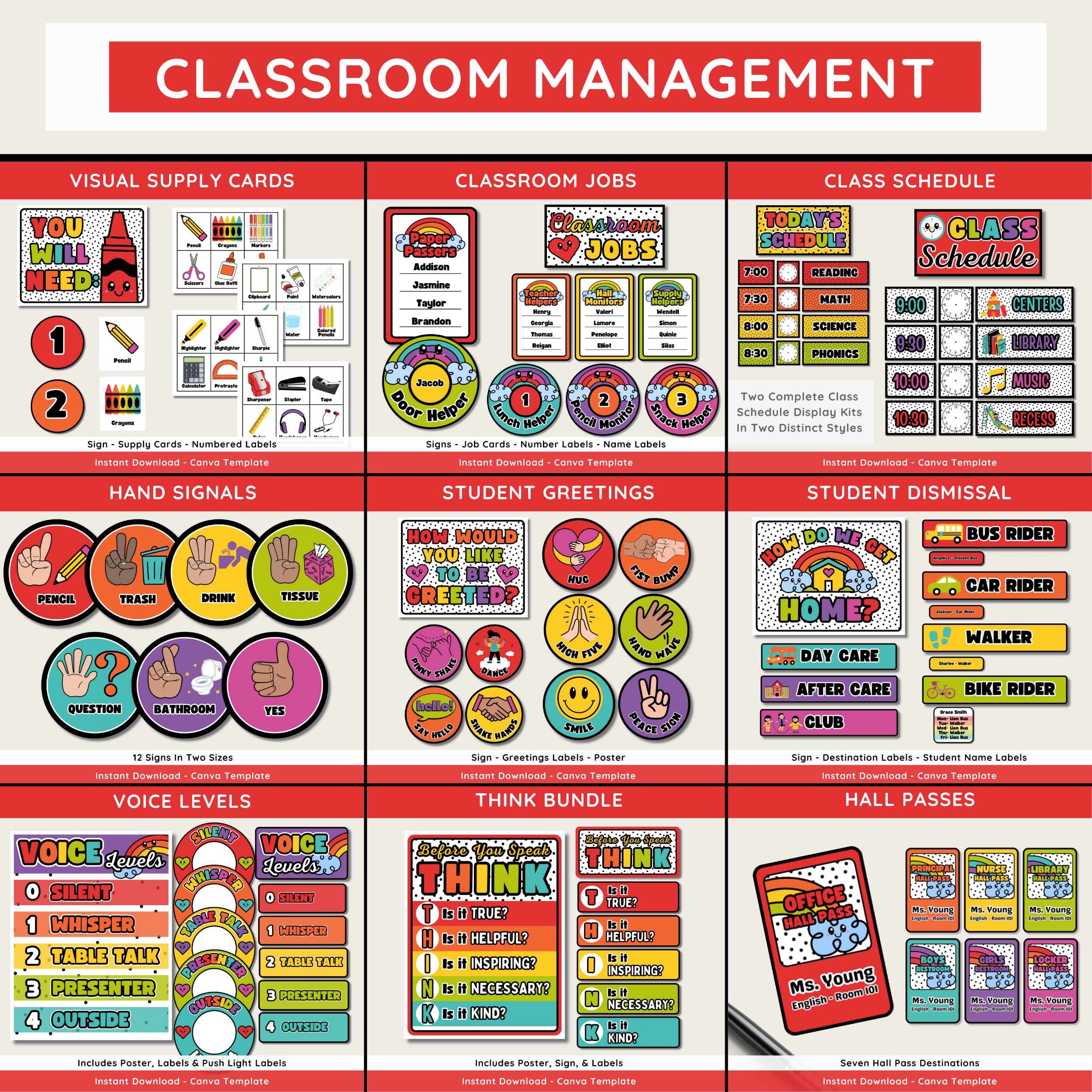 Bold Happy Rainbow Classroom Decor Bundle: Editable Printable Posters (Canva Template Digital Download), Happy Brights Teacher Decor Theme