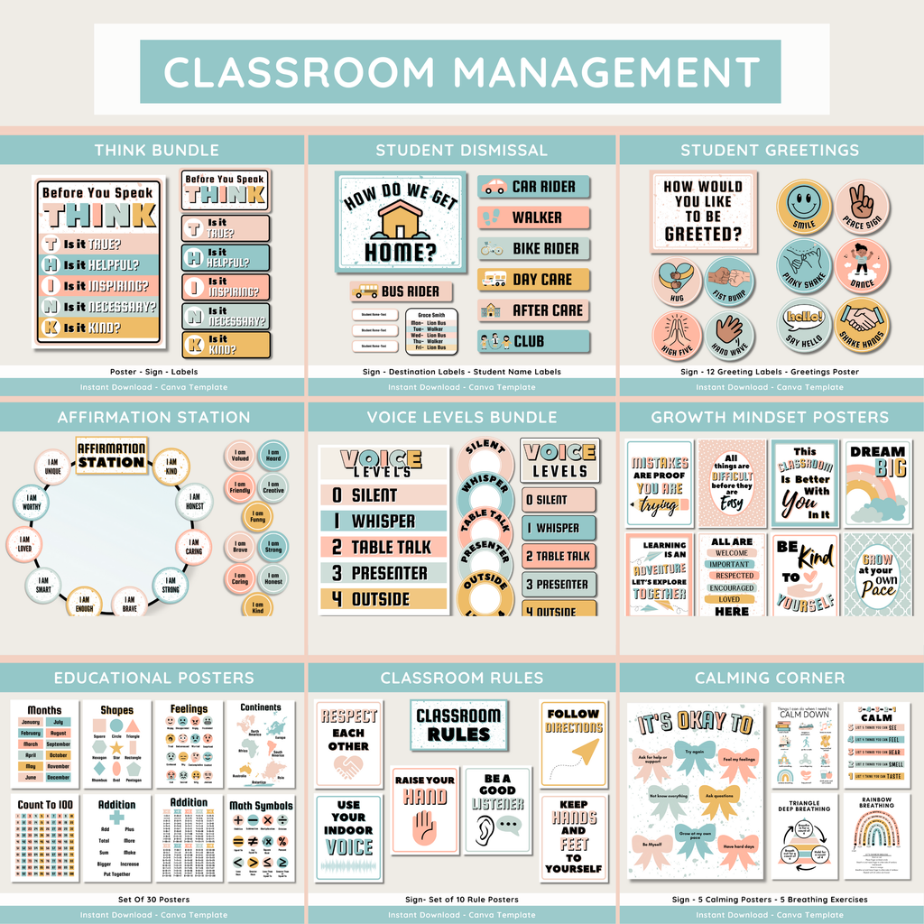 Calm Modern Classroom Decor Bundle: Simple Pastel Teacher Theme (Canva Template)