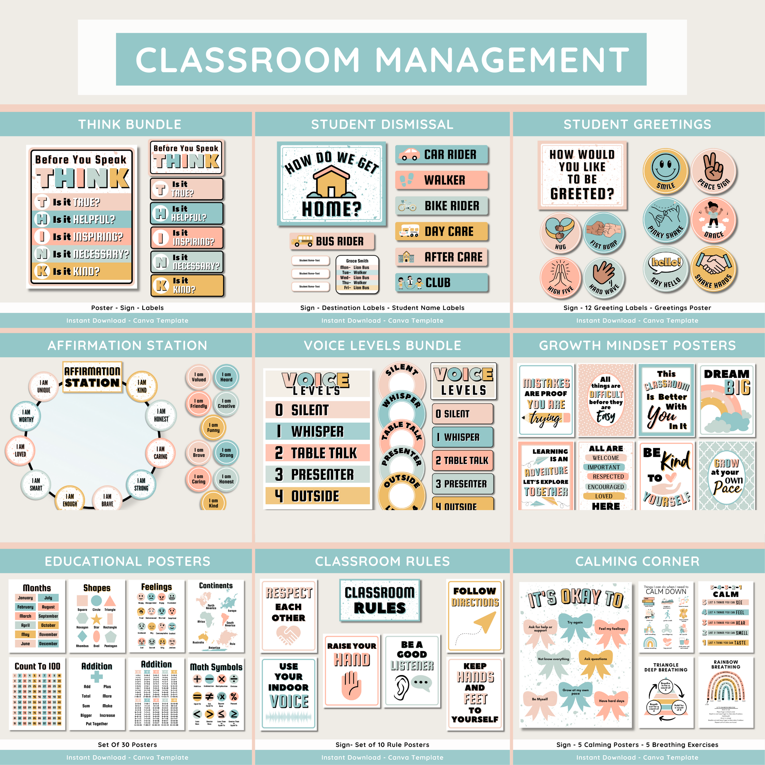 Calm Modern Classroom Decor Bundle: Simple Pastel Teacher Theme (Canva Template)
