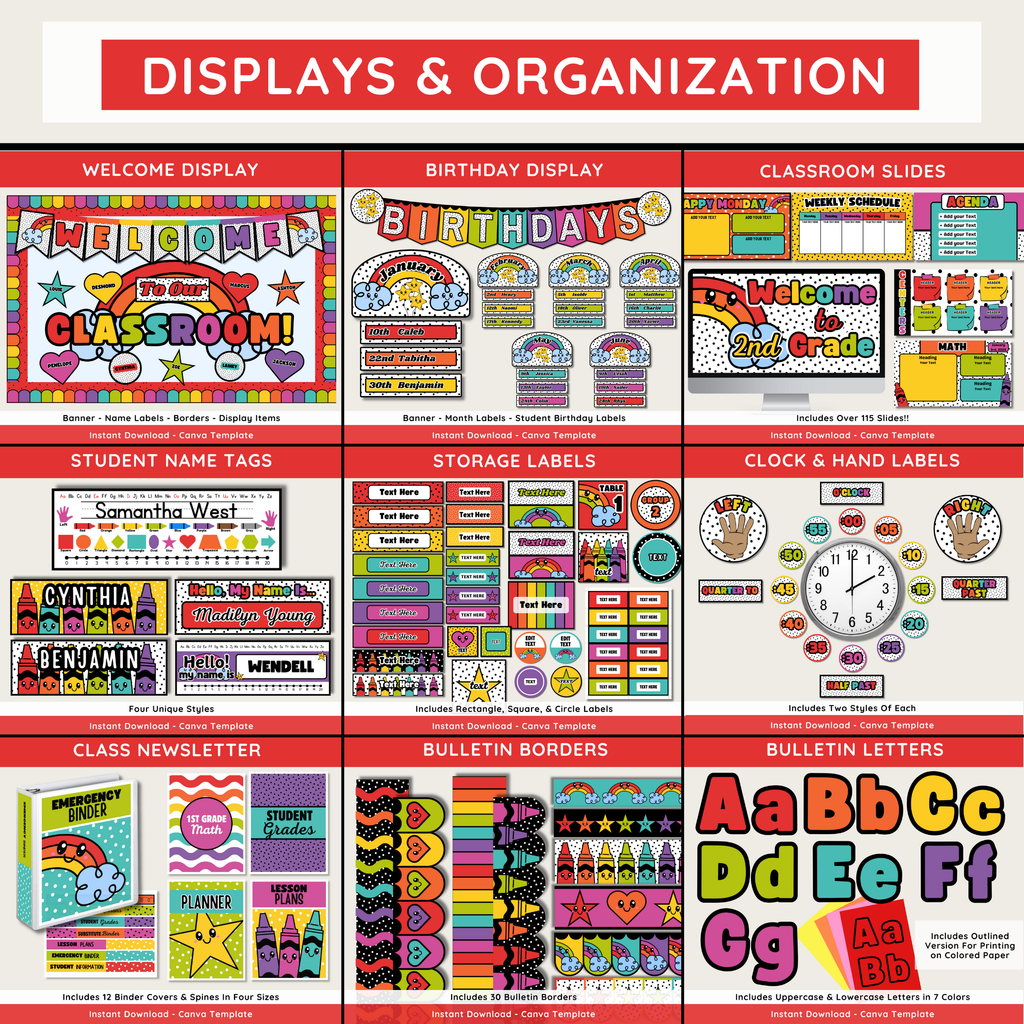 Bold Happy Rainbow Classroom Decor Bundle: Editable Printable Posters (Canva Template Digital Download), Happy Brights Teacher Decor Theme