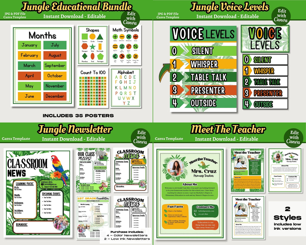 Jungle Animals Classroom Decor Bundle Theme: Printable Editable Canva Templates, Digital Download