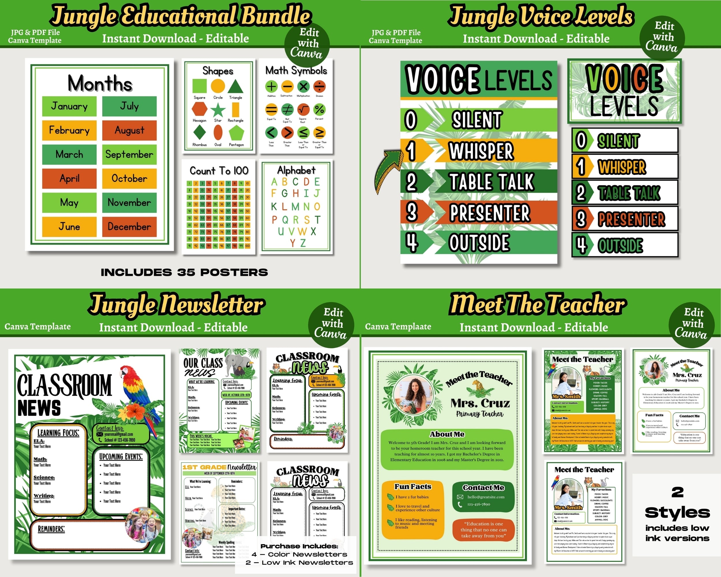 Jungle Animals Classroom Decor Bundle Theme: Printable Editable Canva Templates, Digital Download