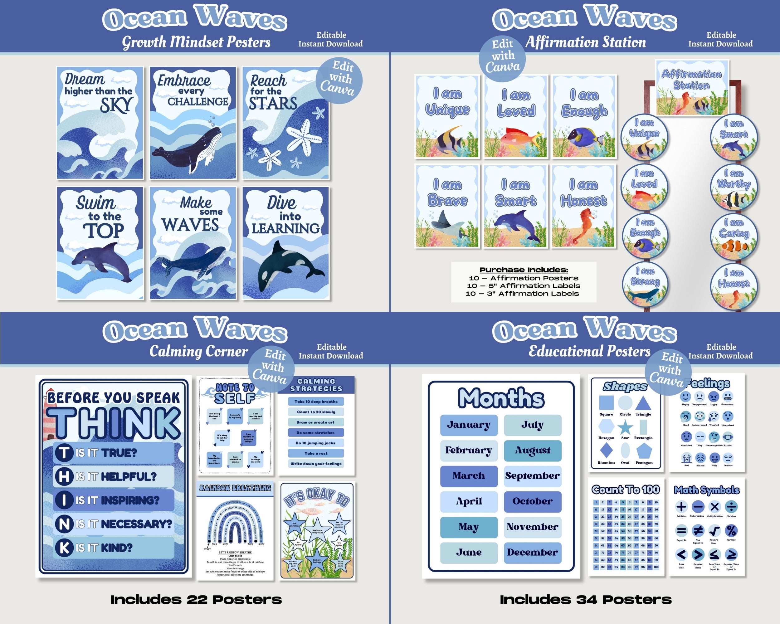 Ocean Theme Classroom Decor Bundle: Editable & Printable Educational Materials (Canva Template, Instant Download)