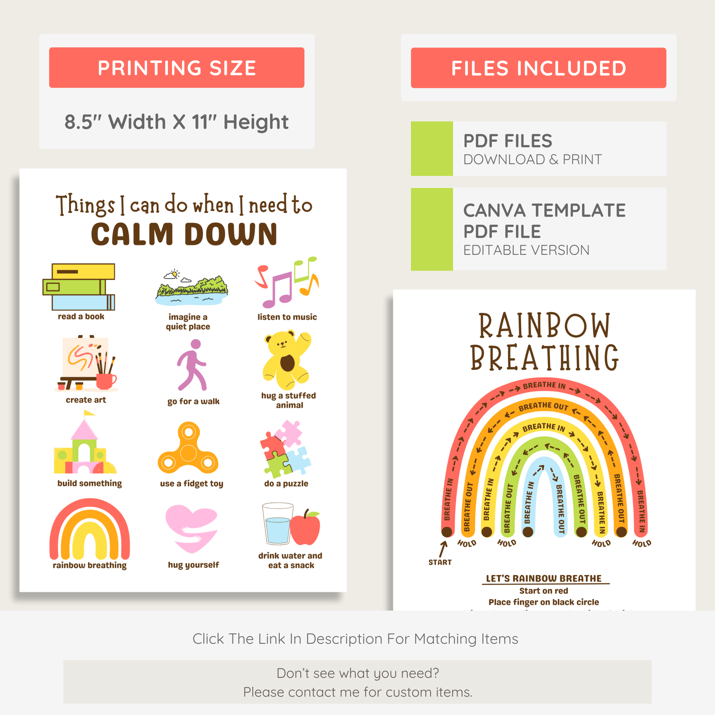 Calming Corner Posters & Breathing Techniques: Farmer's Market Decor Theme, Editable Canva Template (Digital Download)