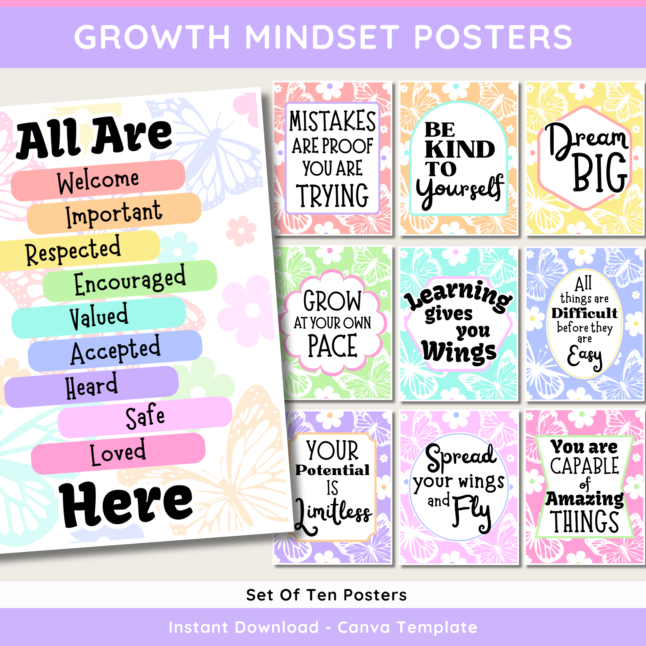 Butterfly Classroom Decor Bundle: Pastel Floral Butterfly Theme, Editable Canva Template, Printable Digital Download