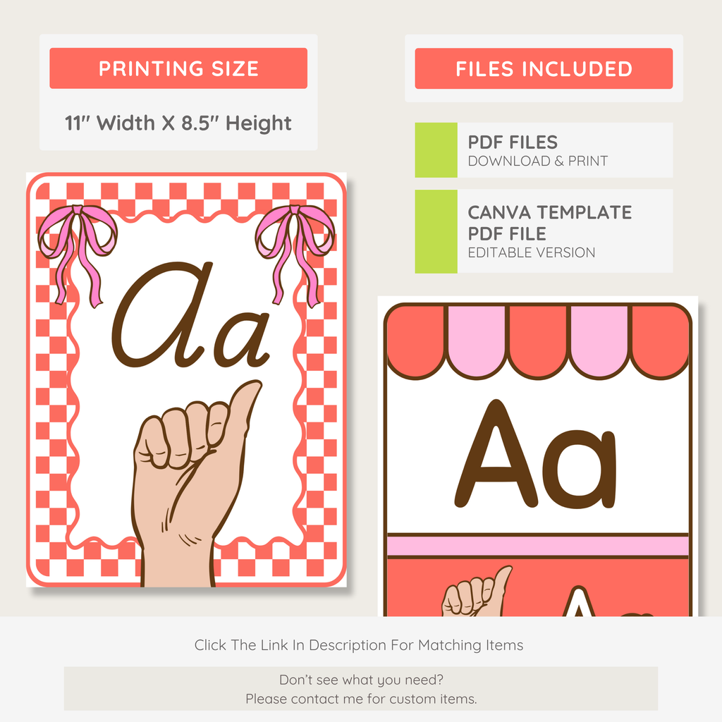 ASL Printable Alphabet Posters: A-Z Picture & Words Prints, Farmer's Market Theme, Editable Canva Template (Digital Download)