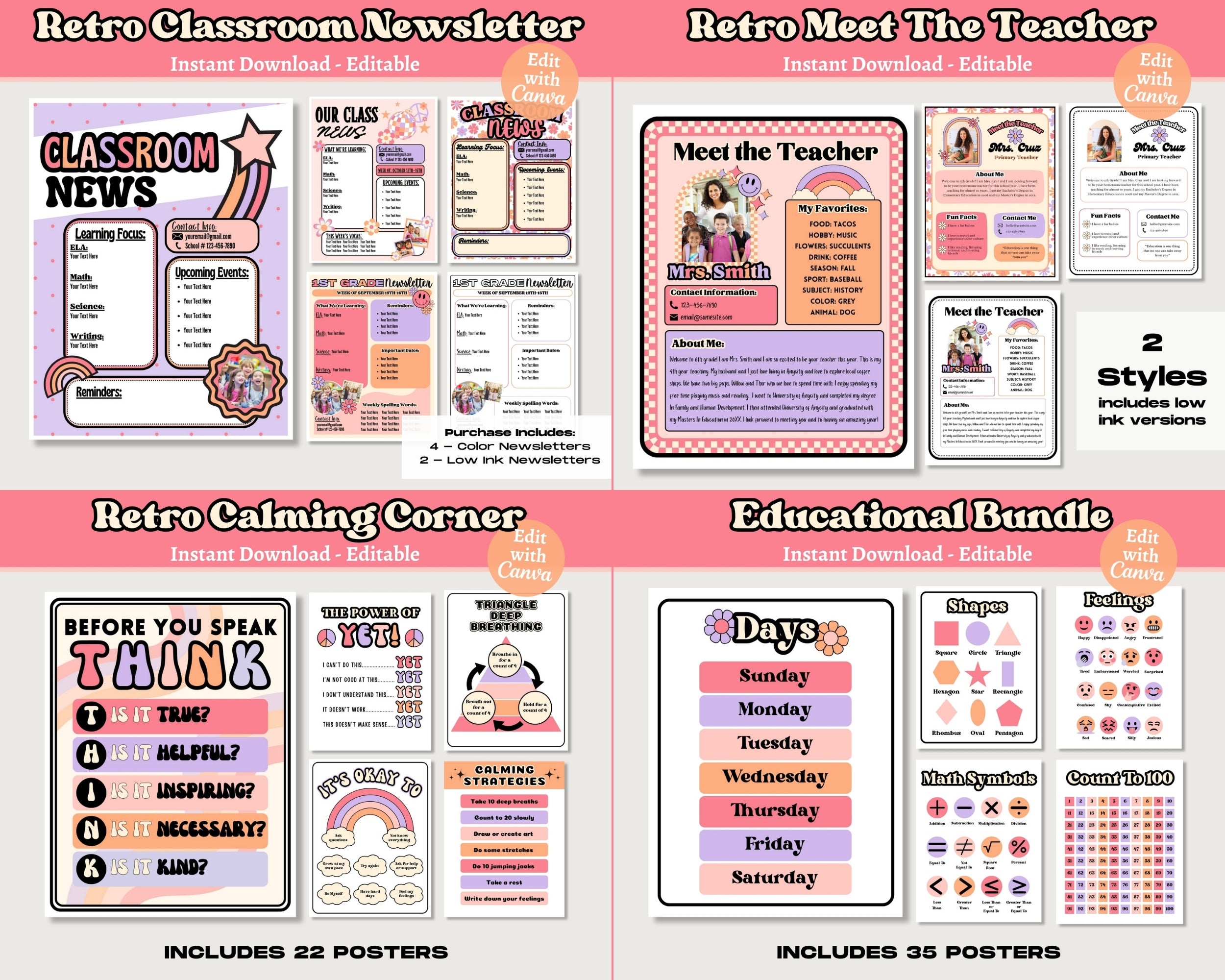 Retro Vibes Classroom Decor Bundle: Editable Teacher Templates (Canva), Pink Purple Orange Classroom Theme