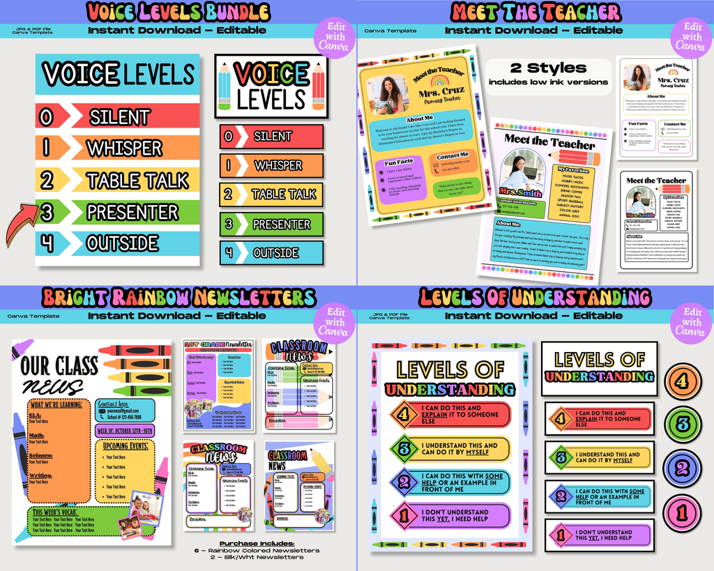 Bright Rainbow Classroom Decor Bundle: Editable Teacher Printables, School Supplies Decor Theme, Printable School Decorations, Canva Template