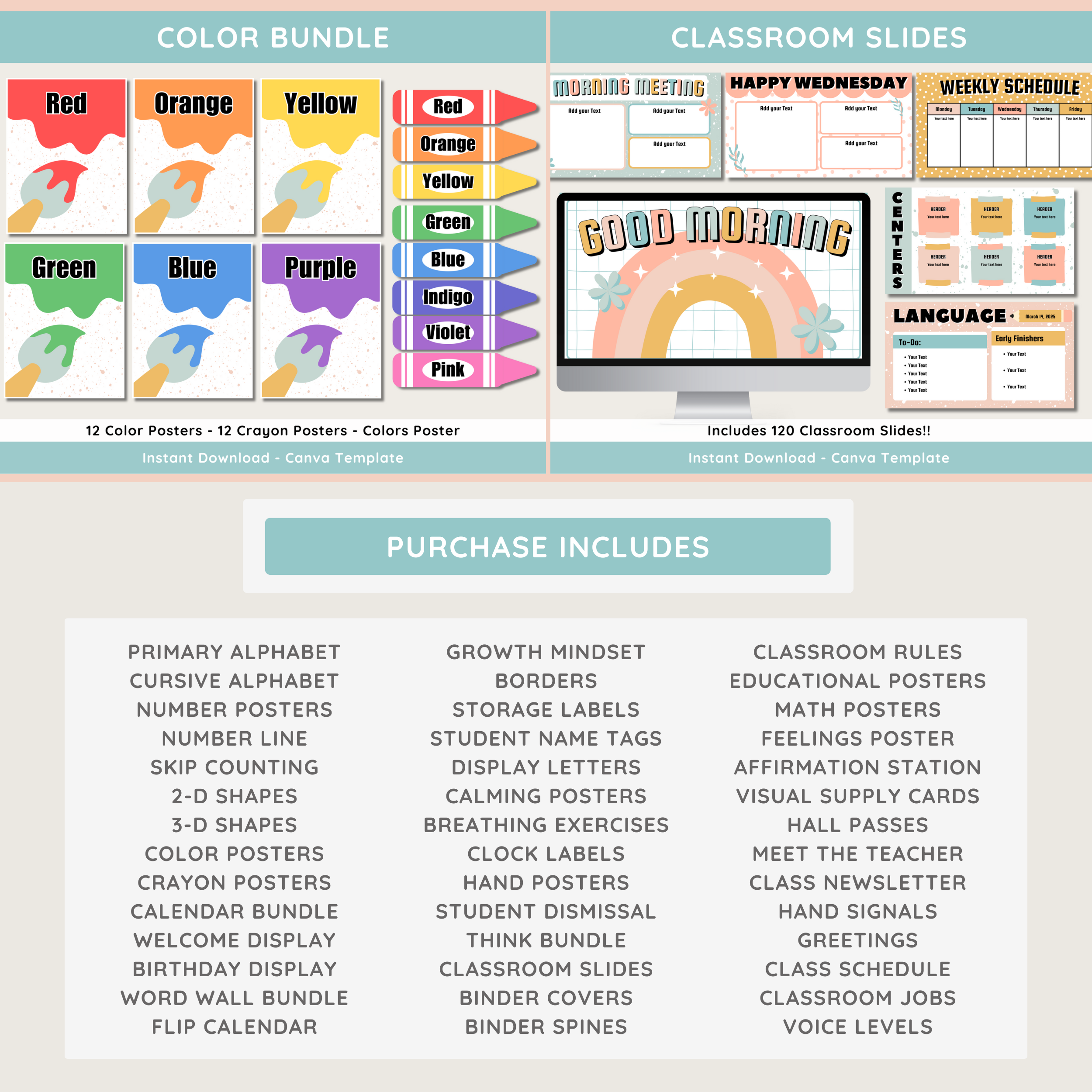 Calm Modern Classroom Decor Bundle: Simple Pastel Teacher Theme (Canva Template)