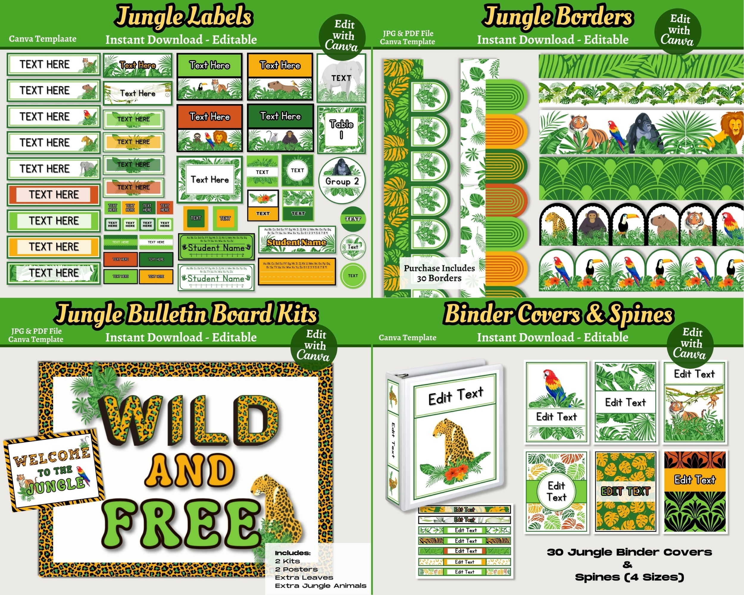 Jungle Animals Classroom Decor Bundle Theme: Printable Editable Canva Templates, Digital Download