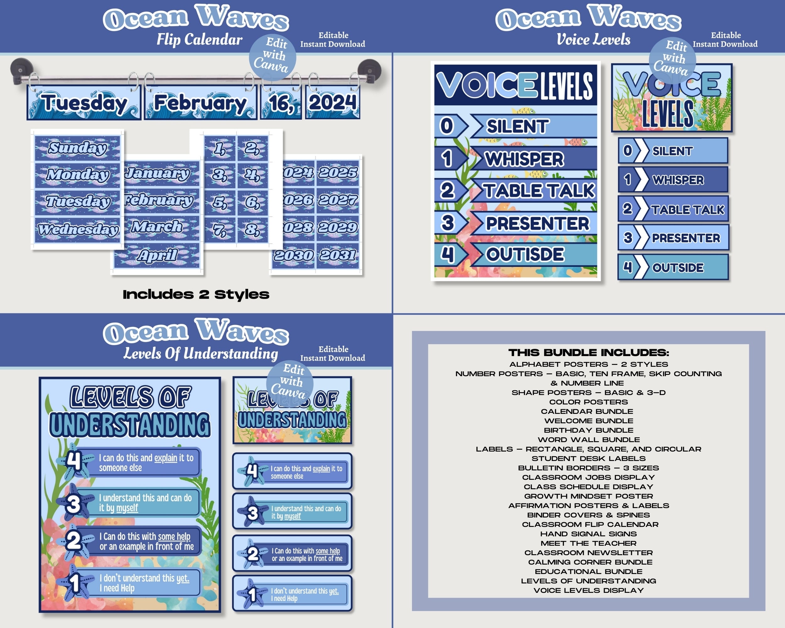Ocean Theme Classroom Decor Bundle: Editable & Printable Educational Materials (Canva Template, Instant Download)